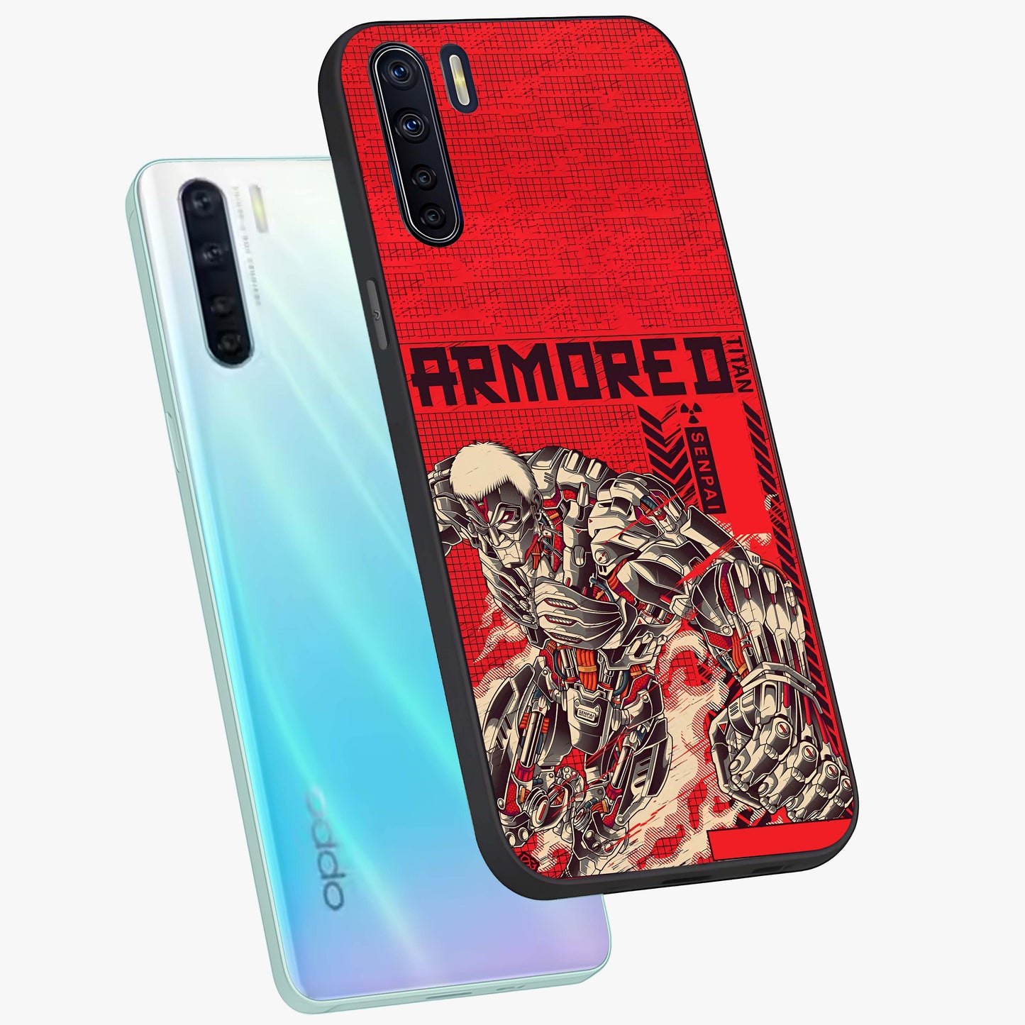 Crimson Mecha Titan Glass Case displayed in angled mockup highlighting futuristic mech illustration with bold crimson aesthetic.