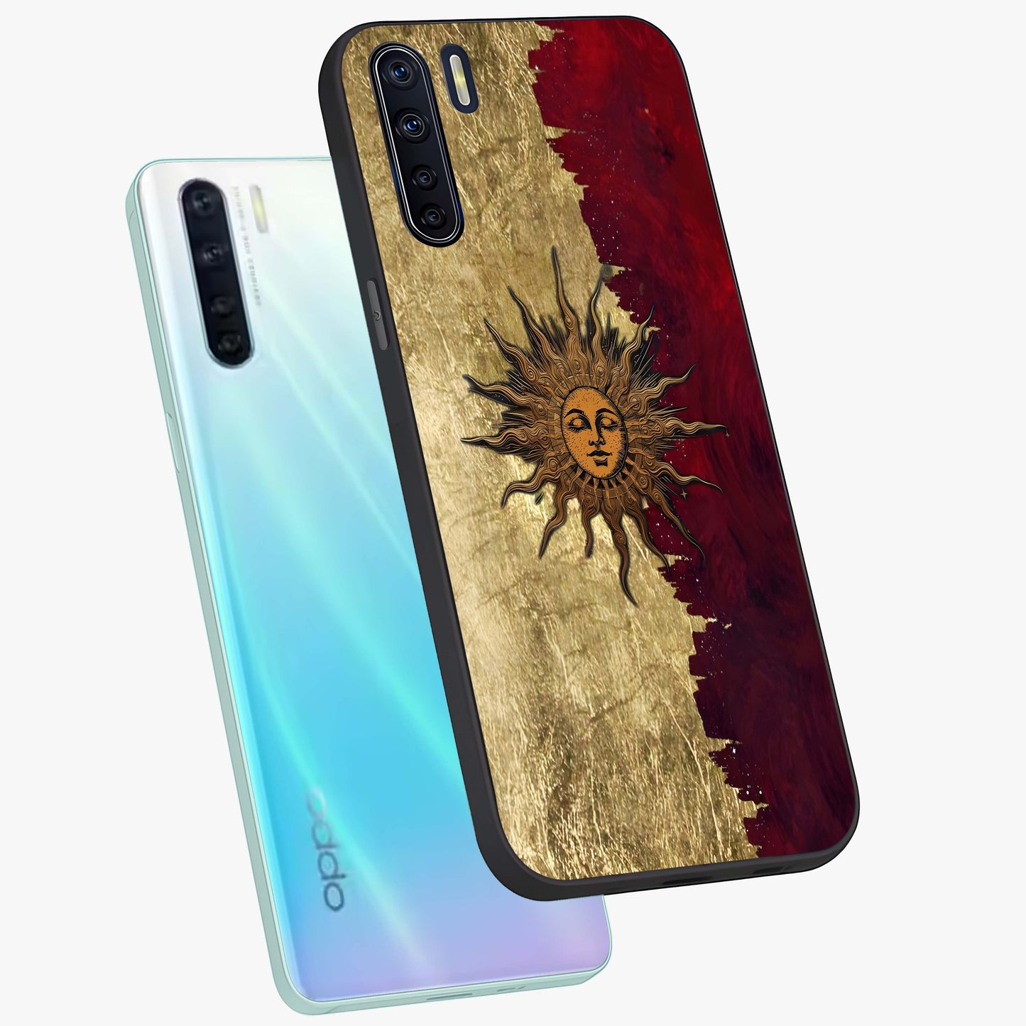 Crimson Sun Majesty Glass Case displayed in angled mockup highlighting majestic crimson sun design with bold aesthetic style.