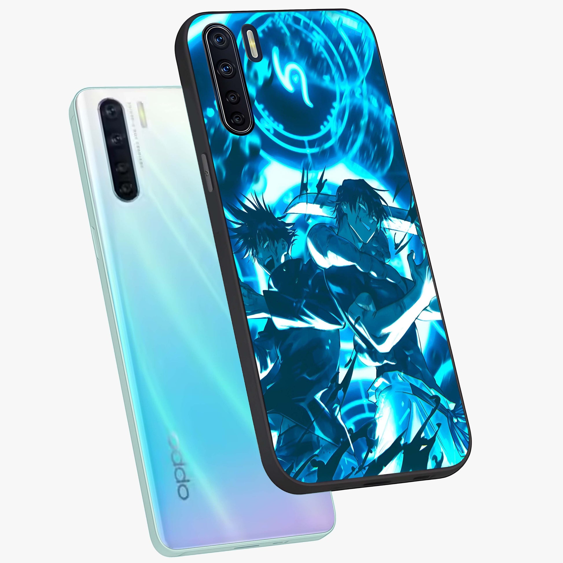 Cursed Energy Clash Glass Case displayed in angled mockup highlighting powerful battle inspired graphic with anime style aesthetic.