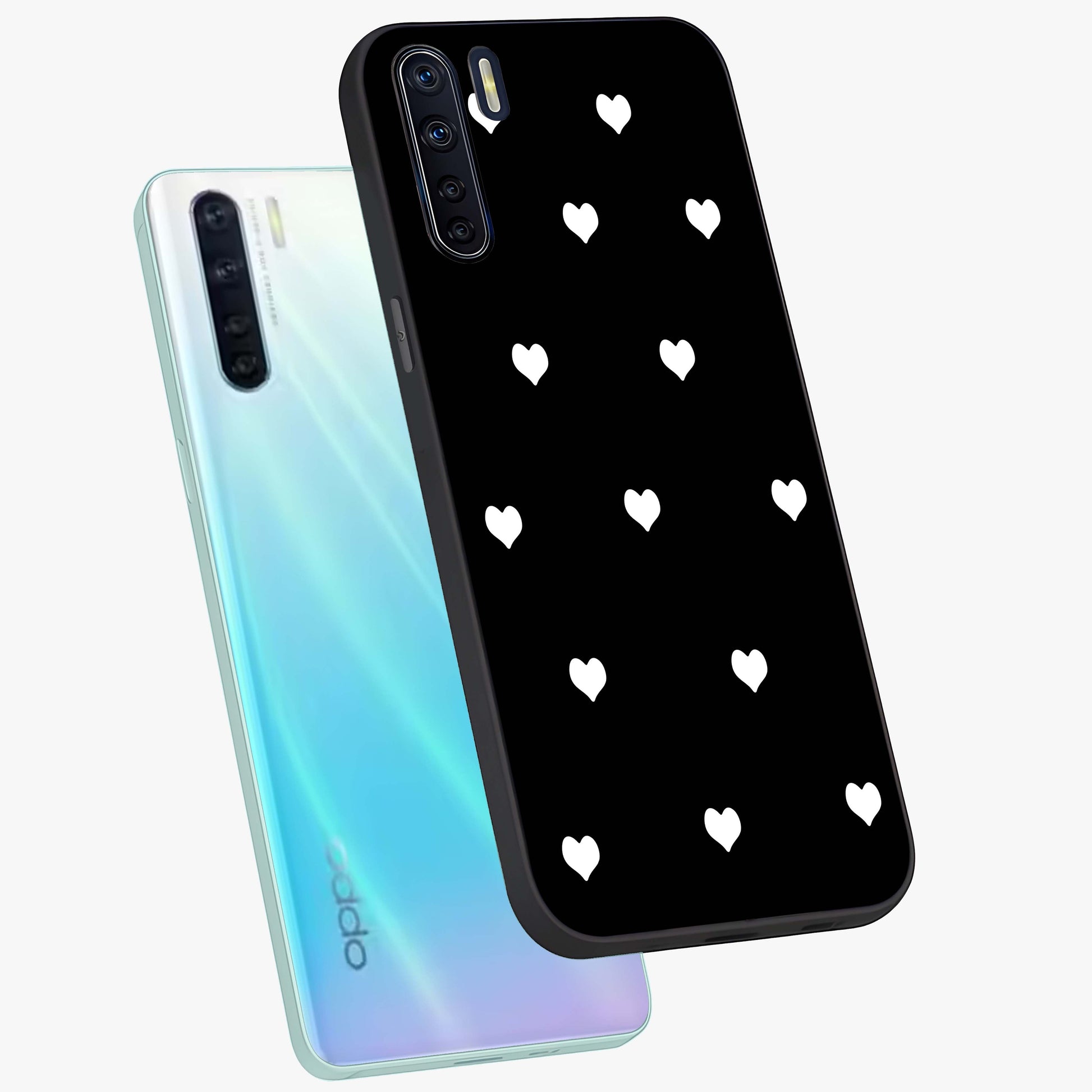 Cute And Simple White Hearts Glass Case displayed in angled mockup highlighting cute heart design with clean aesthetic style.