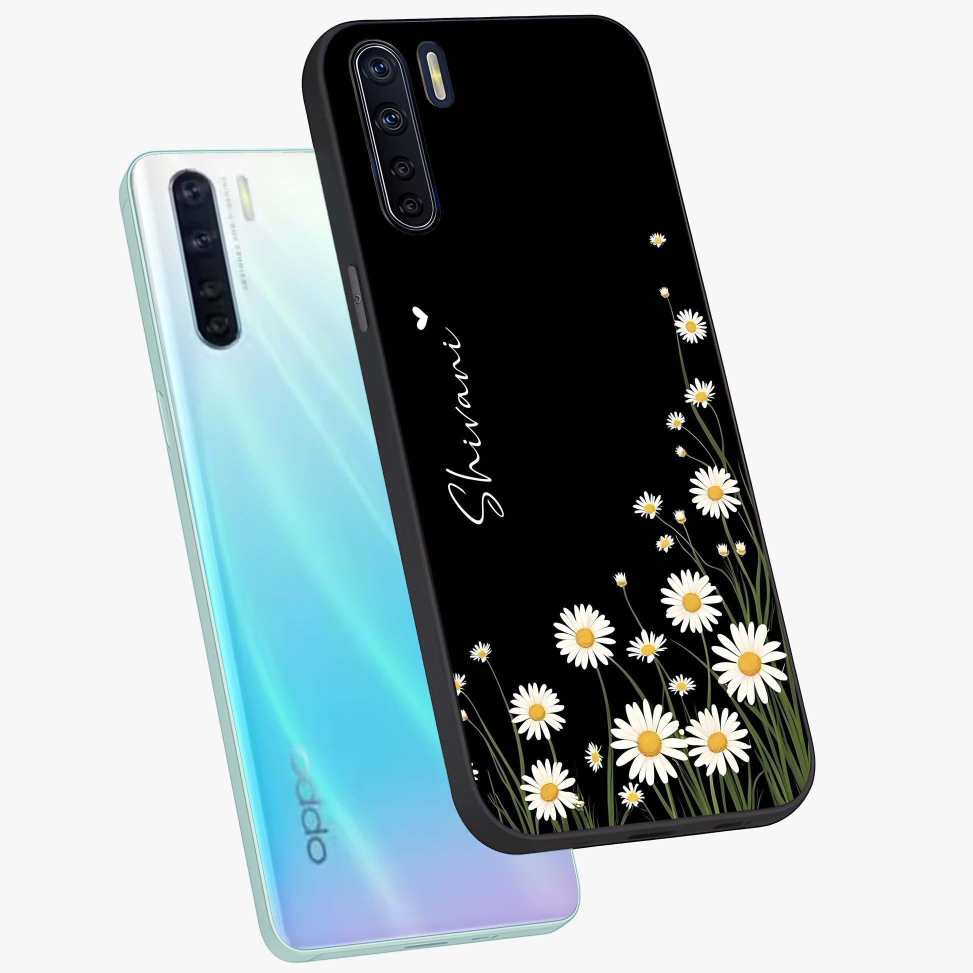 Daisy Cascade Custom Name Glass Case displayed in angled mockup highlighting delicate daisy artwork with custom name feature.