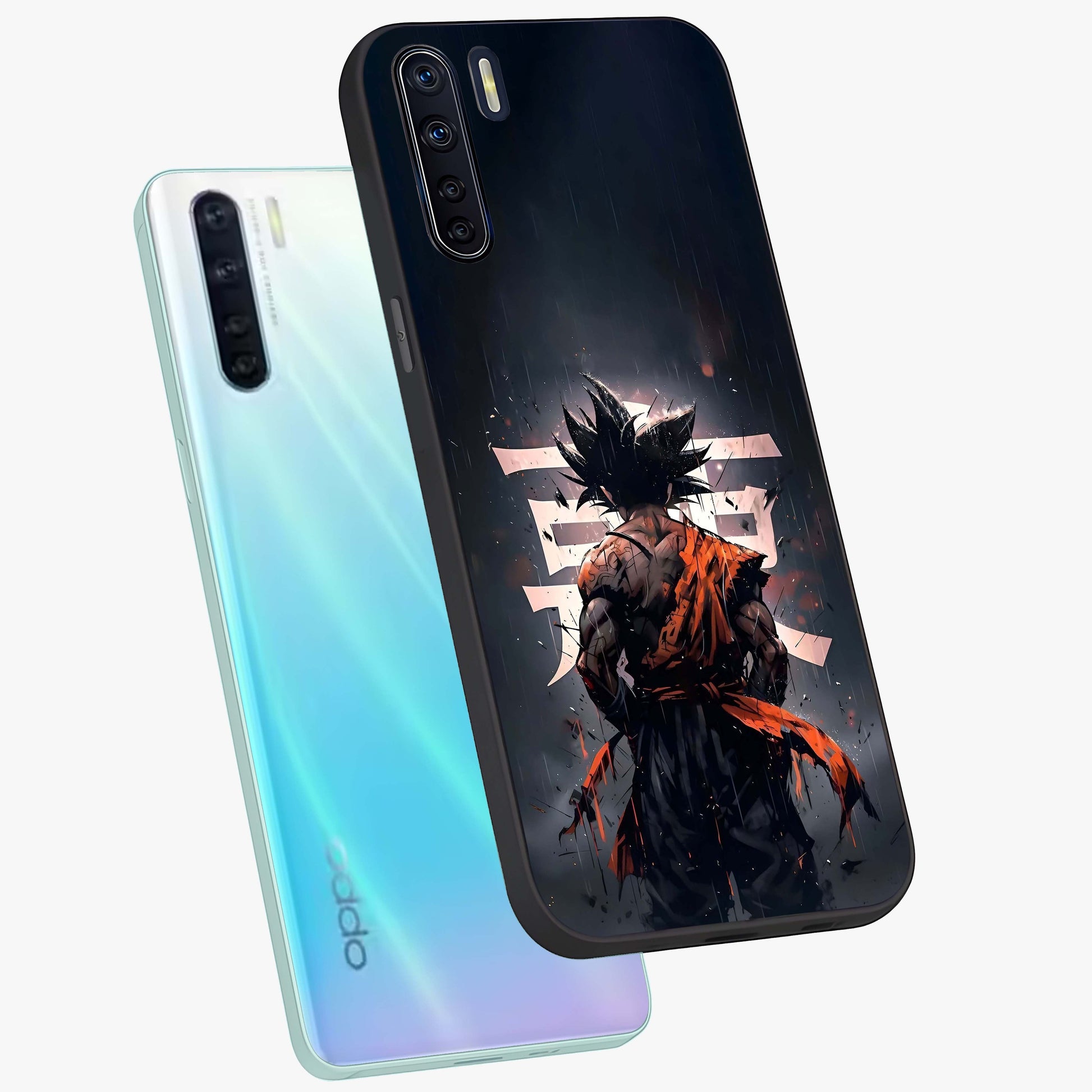 Dark Warrior In Rain Glass Case displayed in angled mockup highlighting dramatic warrior illustration with dark rain aesthetic.
