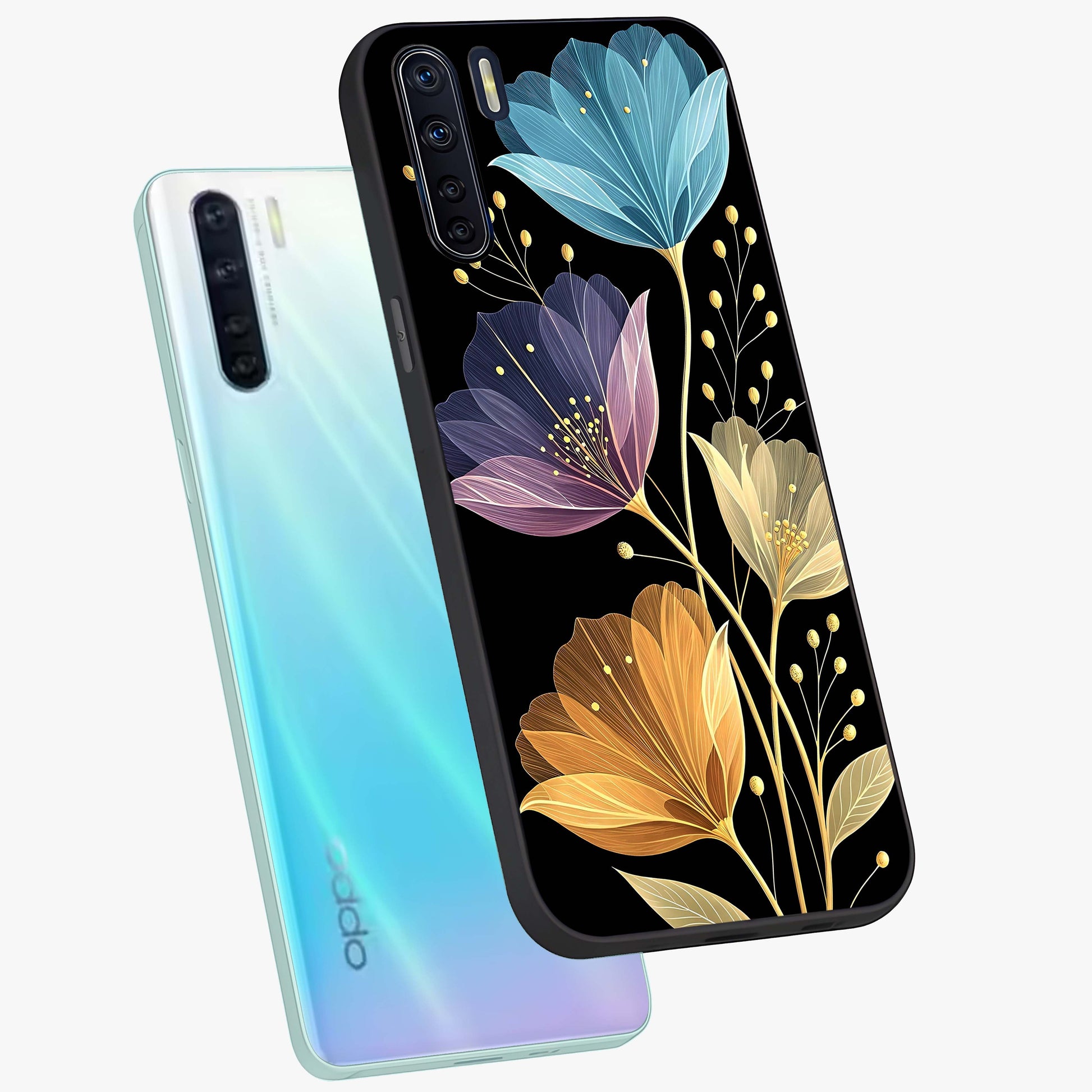 Delicate Multicolor Flowers Glass Case displayed in angled mockup highlighting colorful flower pattern with soft aesthetic style.