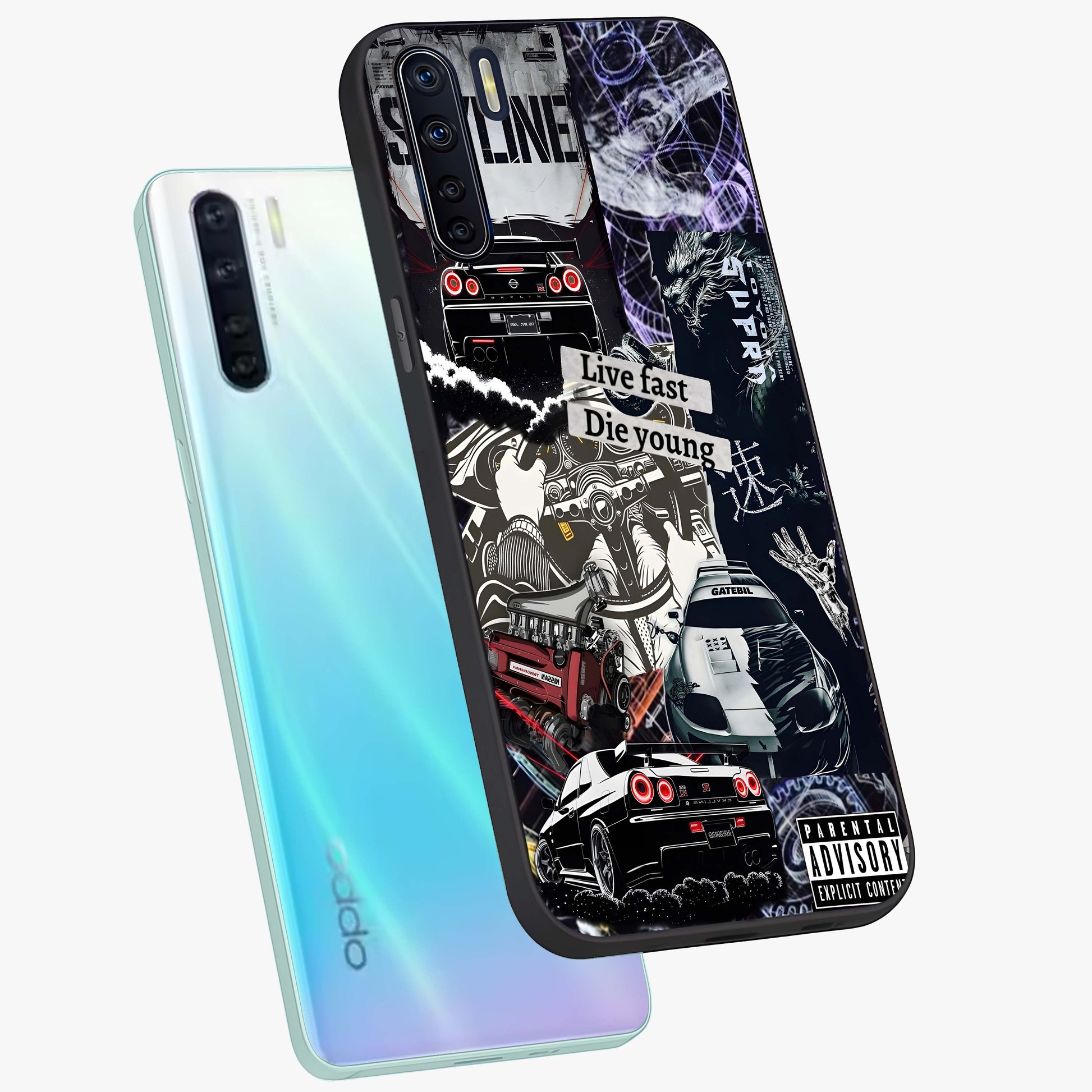 Die Young Glass Case displayed in angled mockup highlighting expressive graphic artwork with edgy aesthetic style.