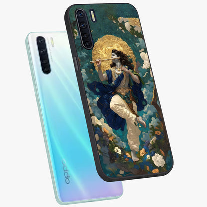 Divine Krishna Art Glass Case displayed in angled mockup highlighting spiritual Krishna illustration with devotional aesthetic.