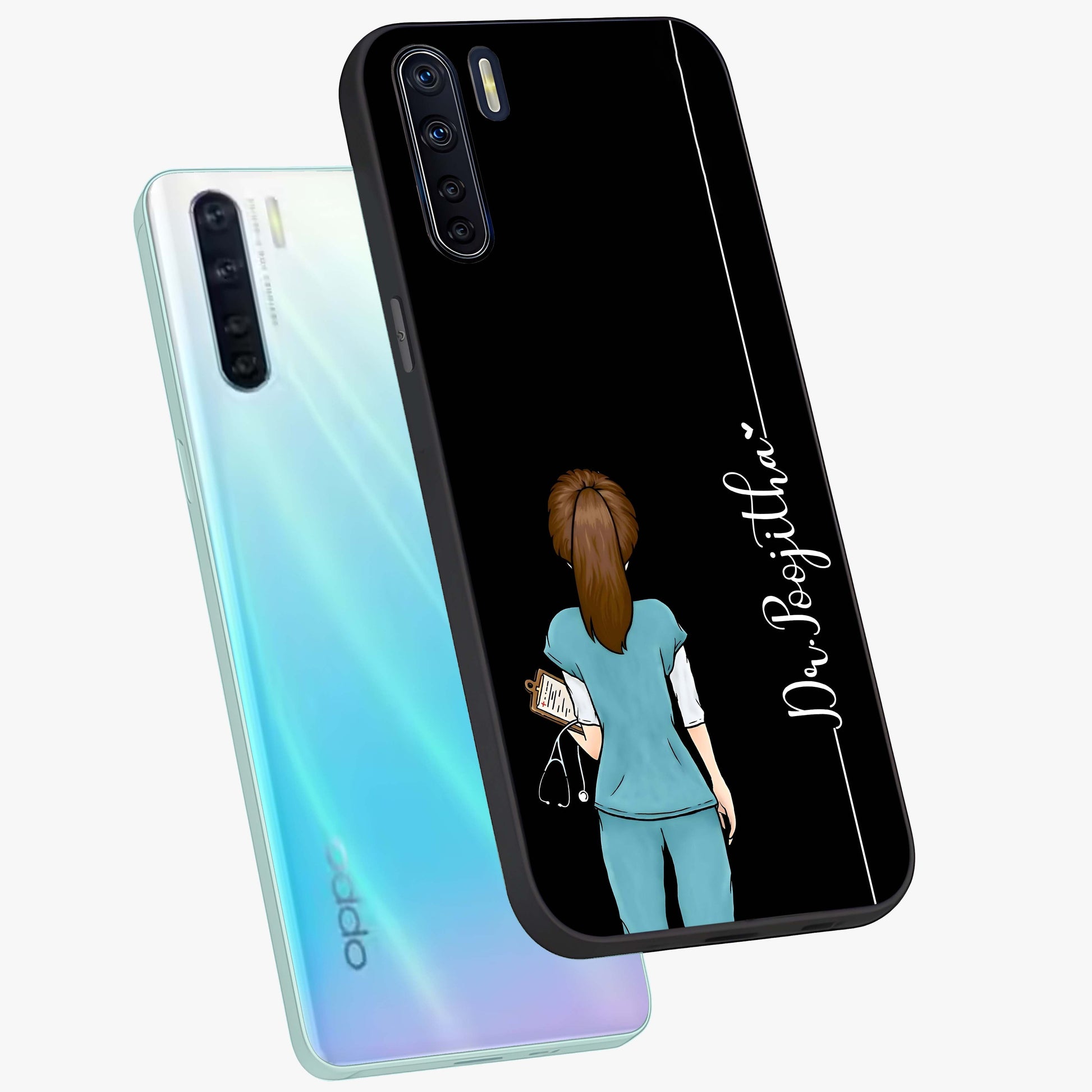 Doctor Pattern Custom Name Glass Case displayed in angled mockup highlighting doctor inspired artwork with custom name feature.