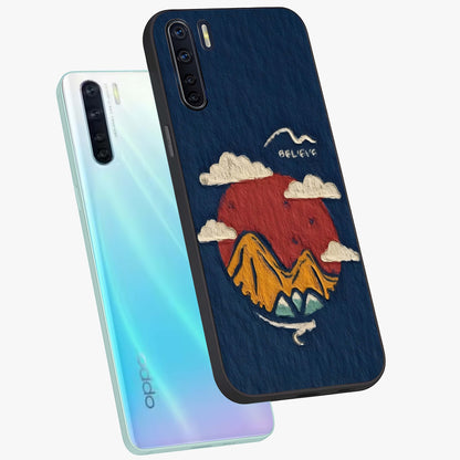 Dream Beyond Mountains Glass Case displayed in angled mockup highlighting dreamy mountain illustration with peaceful aesthetic.