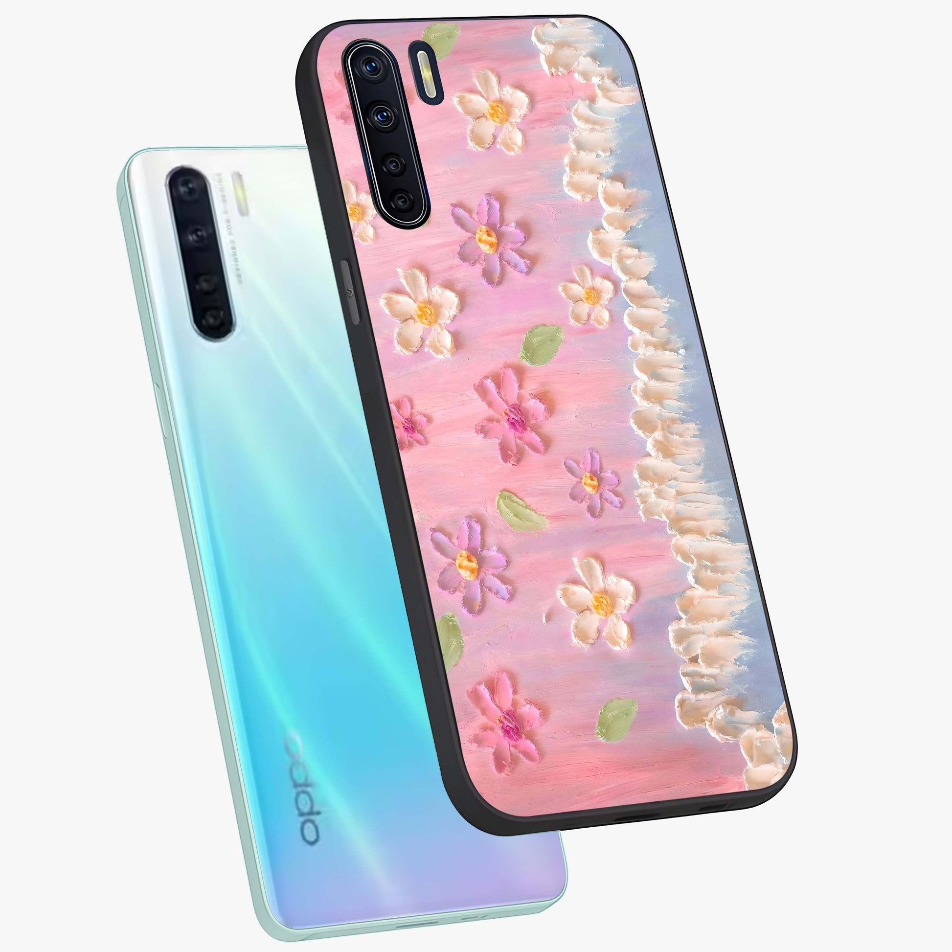 Dreamy Painted Garden Glass Case displayed in angled mockup highlighting colorful garden illustration with dreamy aesthetic style.