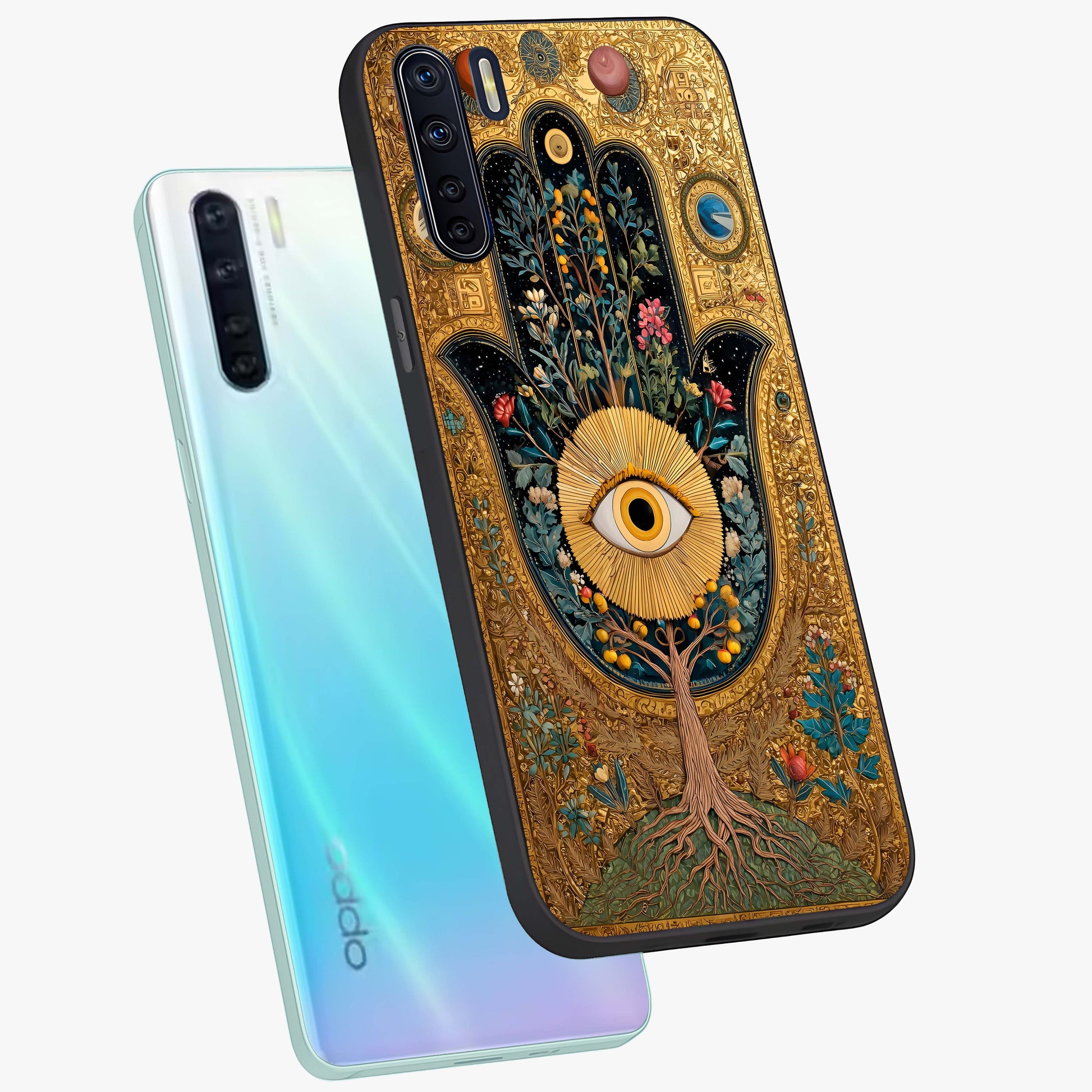 Ethereal Evil Eye Glass Case displayed in angled mockup highlighting protective evil eye symbol with spiritual aesthetic design.