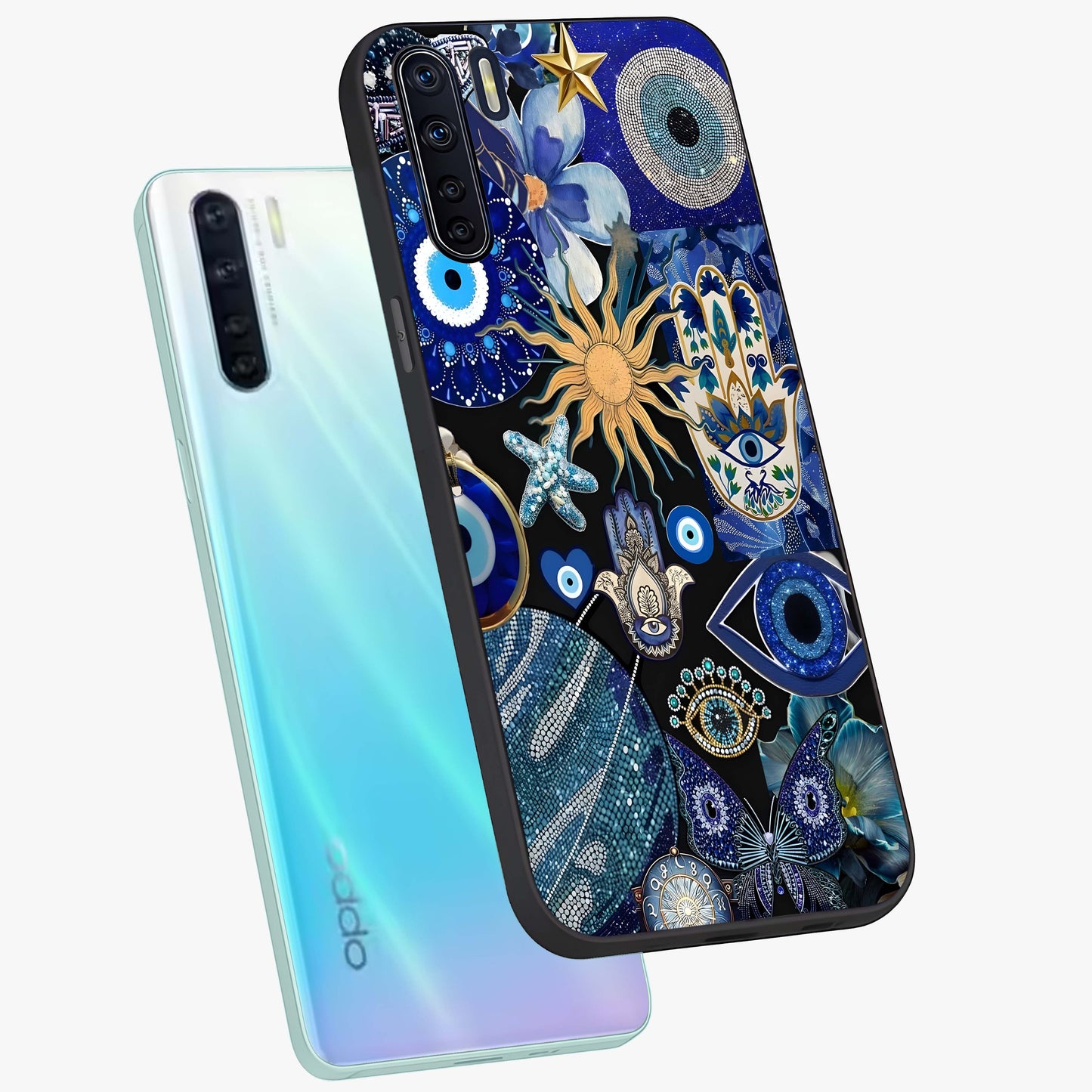 Evil Eye Charm Mix Glass Case displayed in angled mockup highlighting protective evil eye symbols with spiritual aesthetic design.
