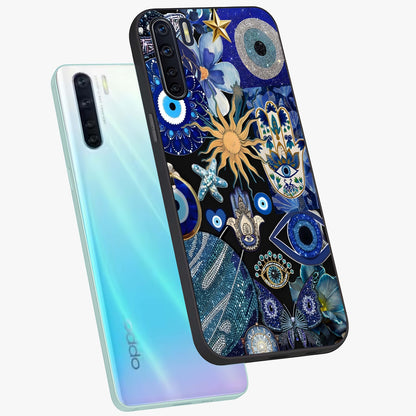 Evil Eye Charm Mix Glass Case displayed in angled mockup highlighting protective evil eye symbols with spiritual aesthetic design.
