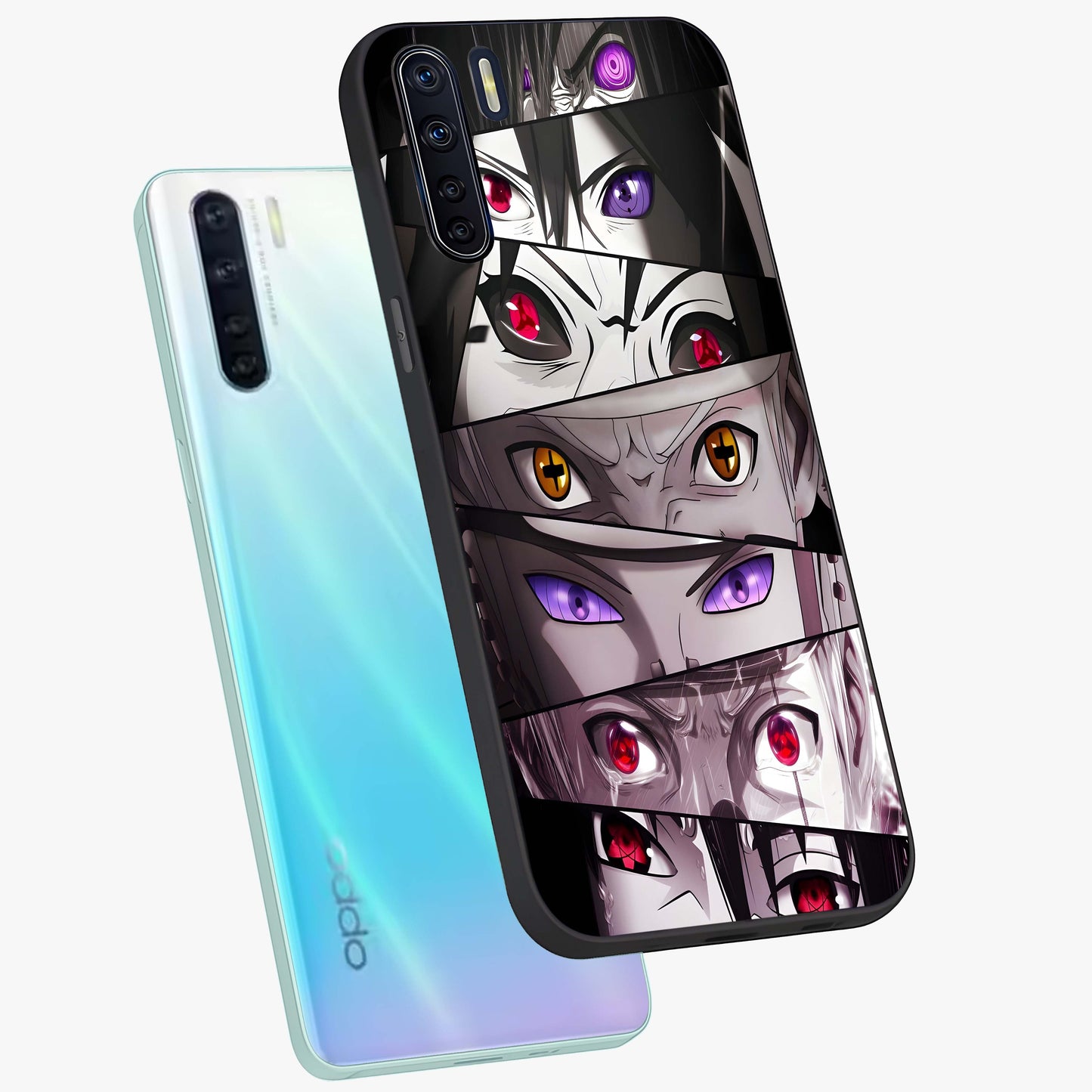 Eyes of Destiny Glass Case displayed in angled mockup highlighting bold eye illustration with mystical aesthetic style.