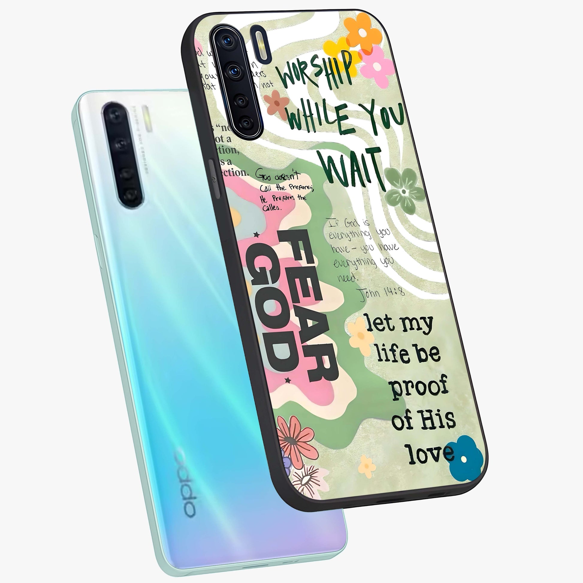 Faith Over Fear Glass Case displayed in angled mockup highlighting inspirational message design with modern aesthetic style.