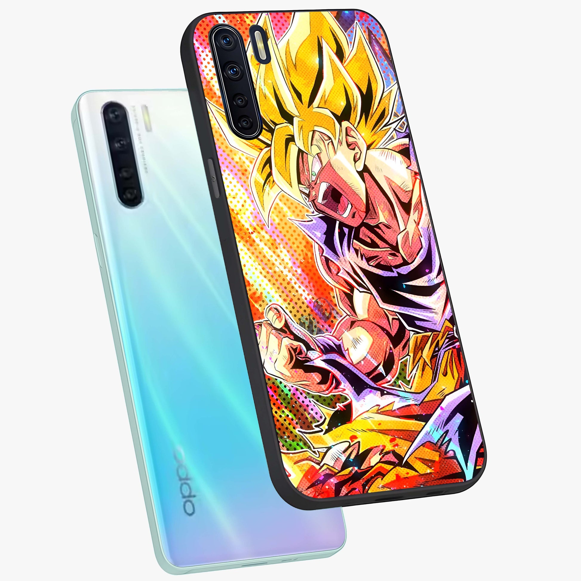 Firing Goku Glass Case displayed in angled mockup highlighting dynamic anime character design with action aesthetic.