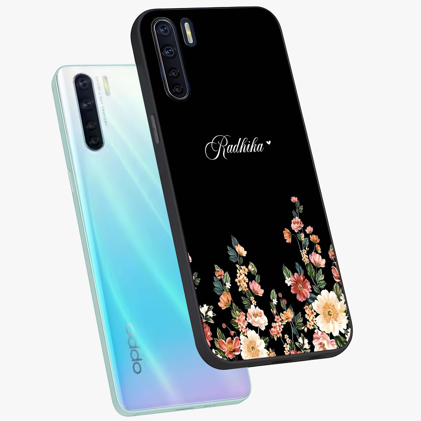 Floral Design With a Custom Personalized Name Glass Case displayed in angled mockup highlighting elegant floral pattern with custom name feature.