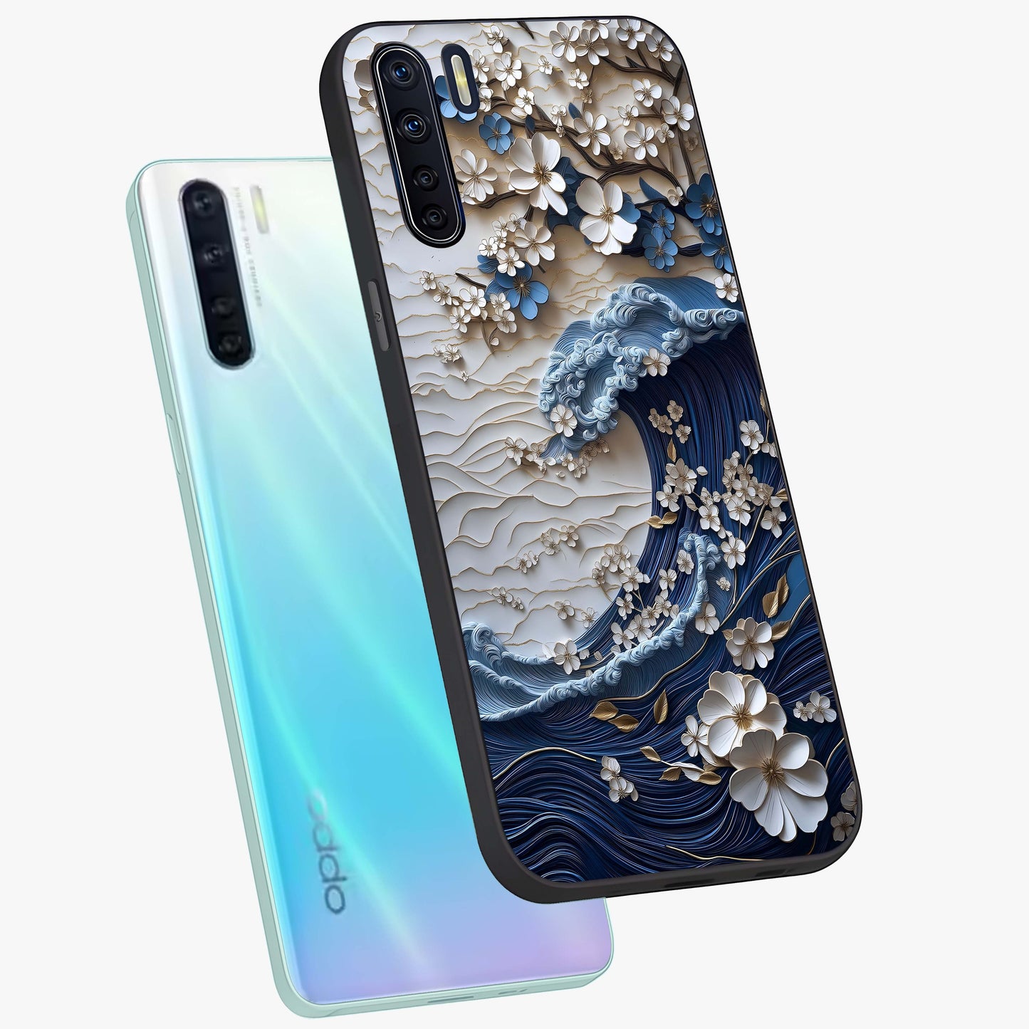 Floral Wave Origami Glass Case displayed in angled mockup highlighting geometric origami flower design with modern aesthetic style.