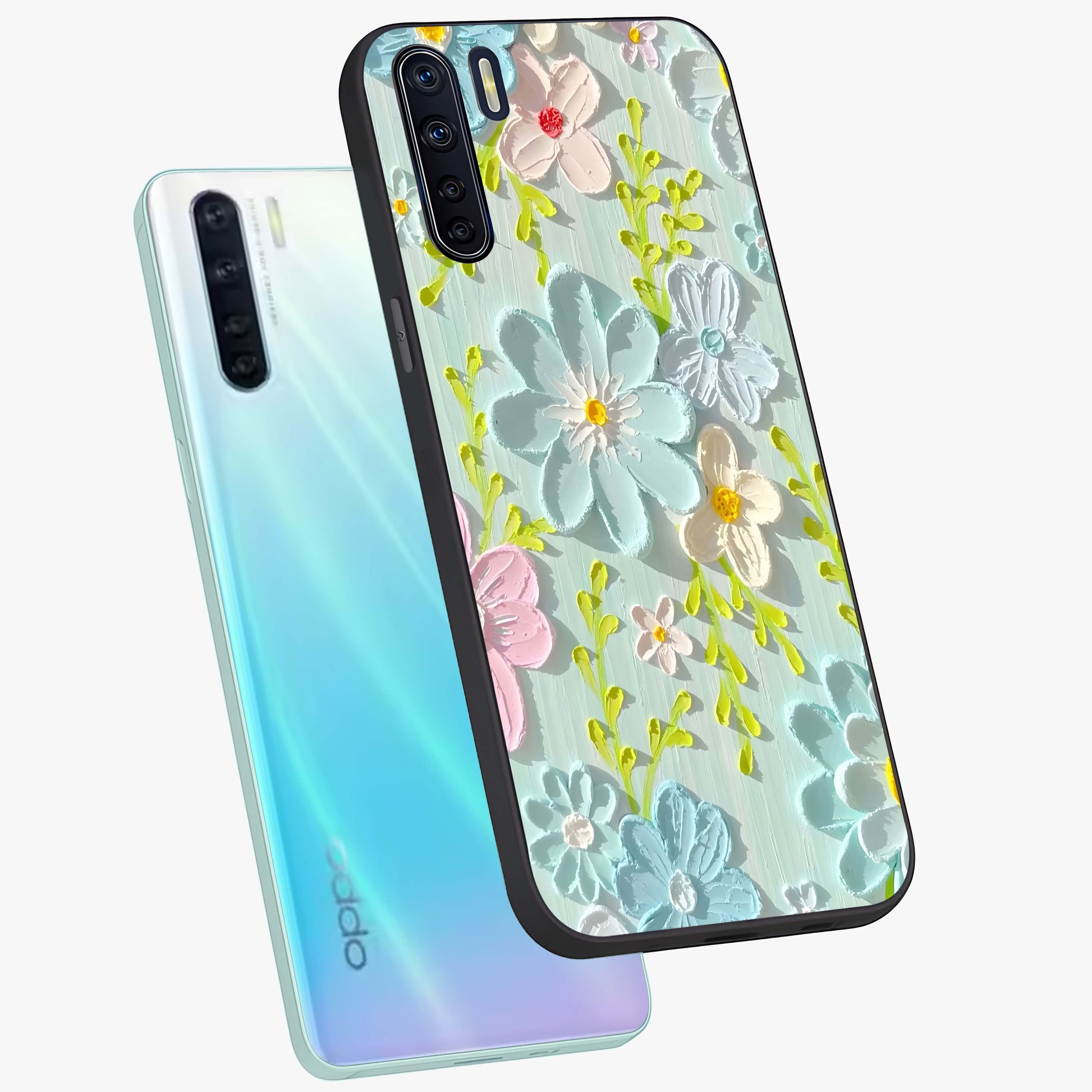 Frosted Petal Garden Glass Case displayed in angled mockup highlighting delicate flower petal design with calm garden aesthetic.