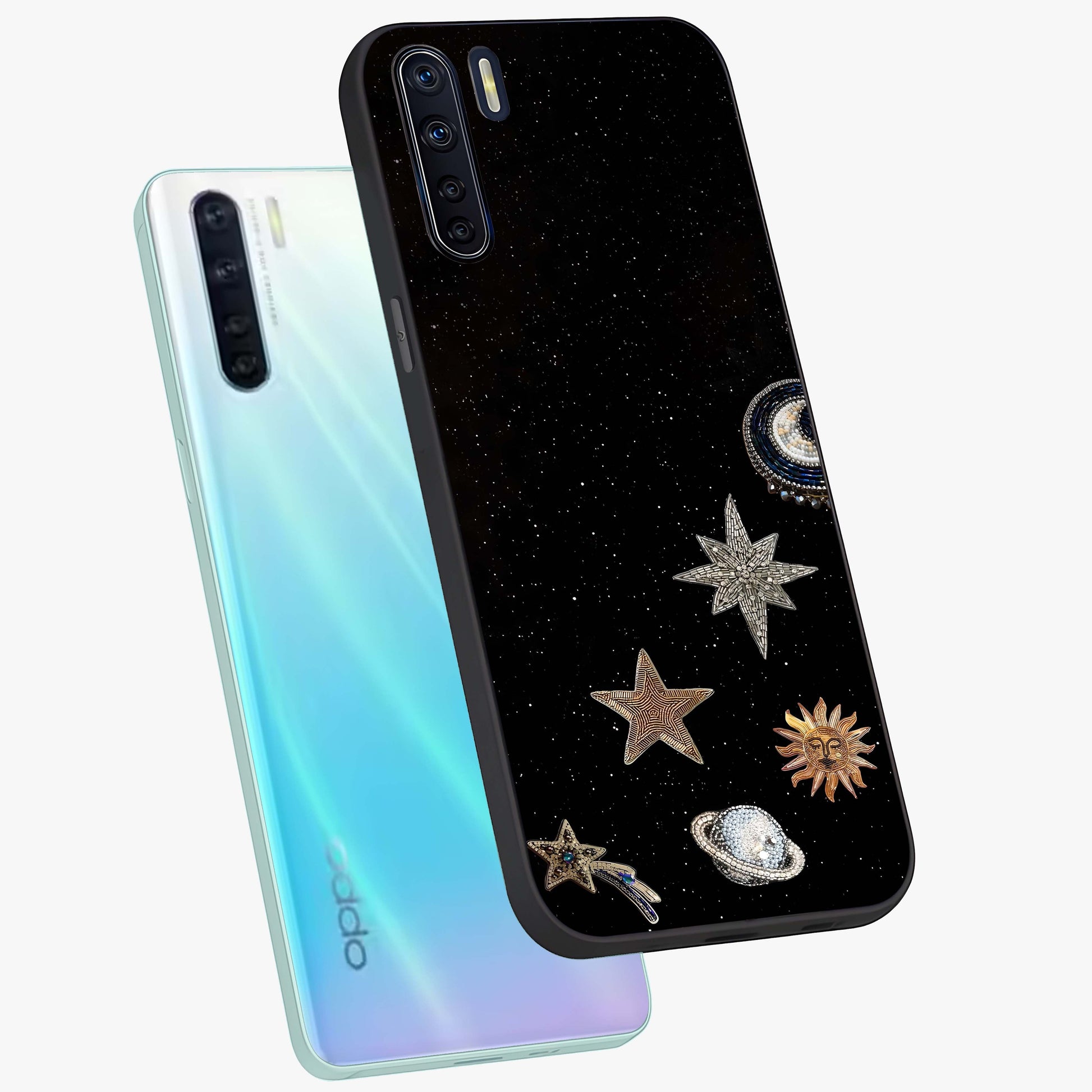 Galactic Charm Glow Glass Case displayed in angled mockup highlighting luminous galaxy inspired design with dreamy aesthetic.