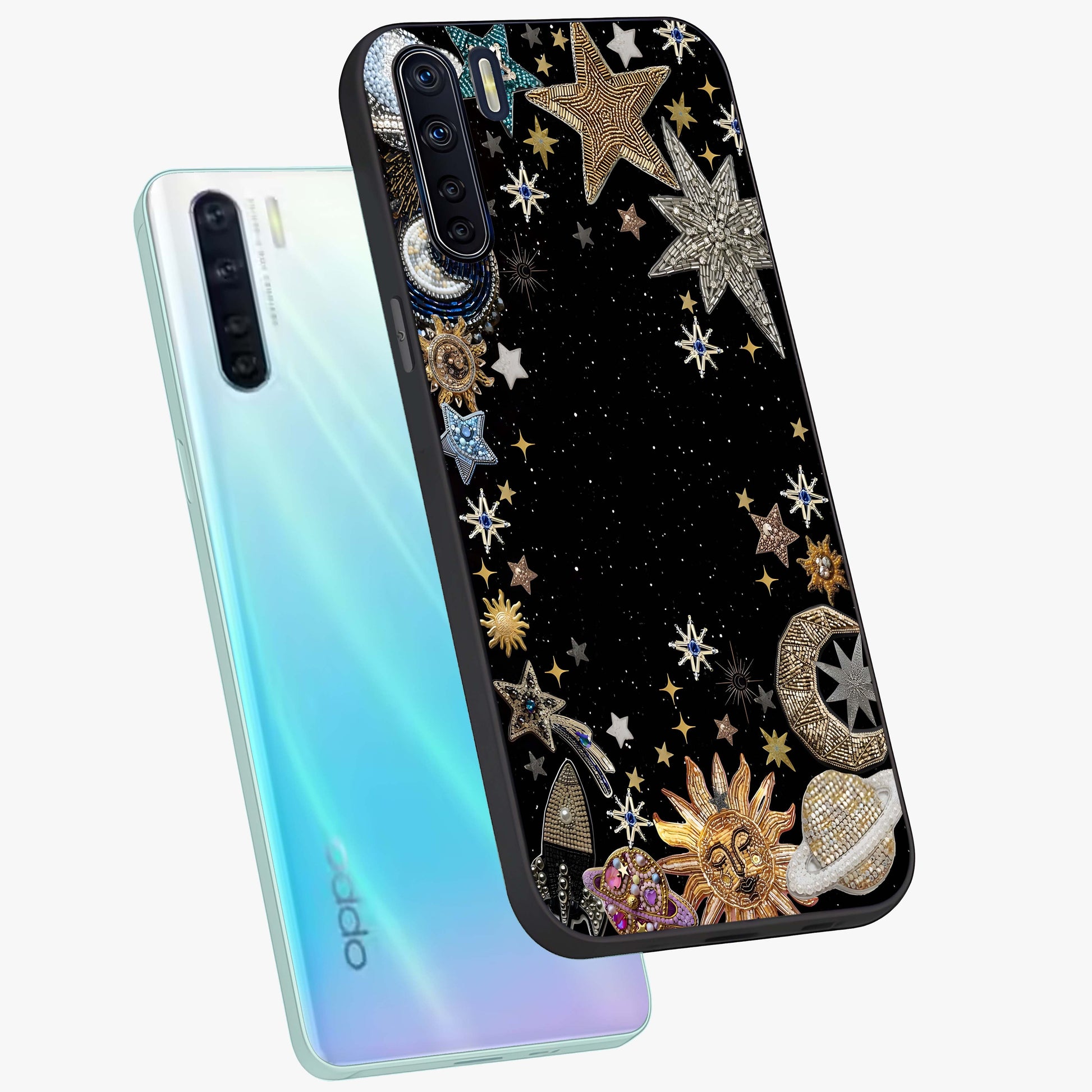 Galactic Jewel Stars Glass Case displayed in angled mockup highlighting shining celestial star design with cosmic aesthetic style.