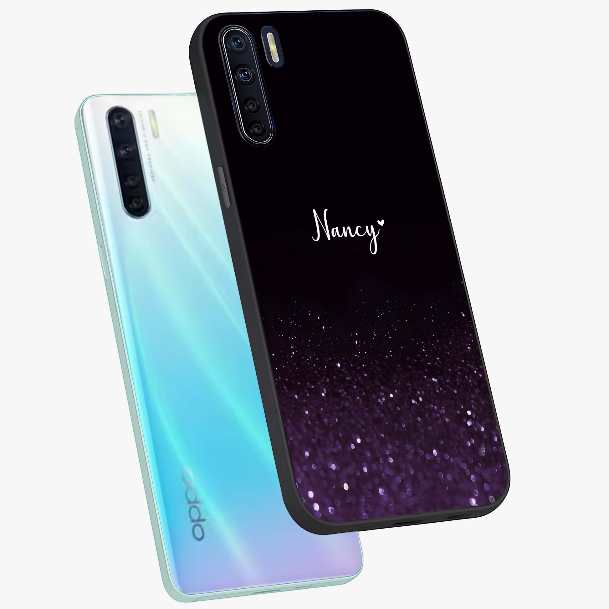 Glittery Purple Bokeh Custom Name Glass Case displayed in angled mockup highlighting glitter bokeh pattern with custom name feature.