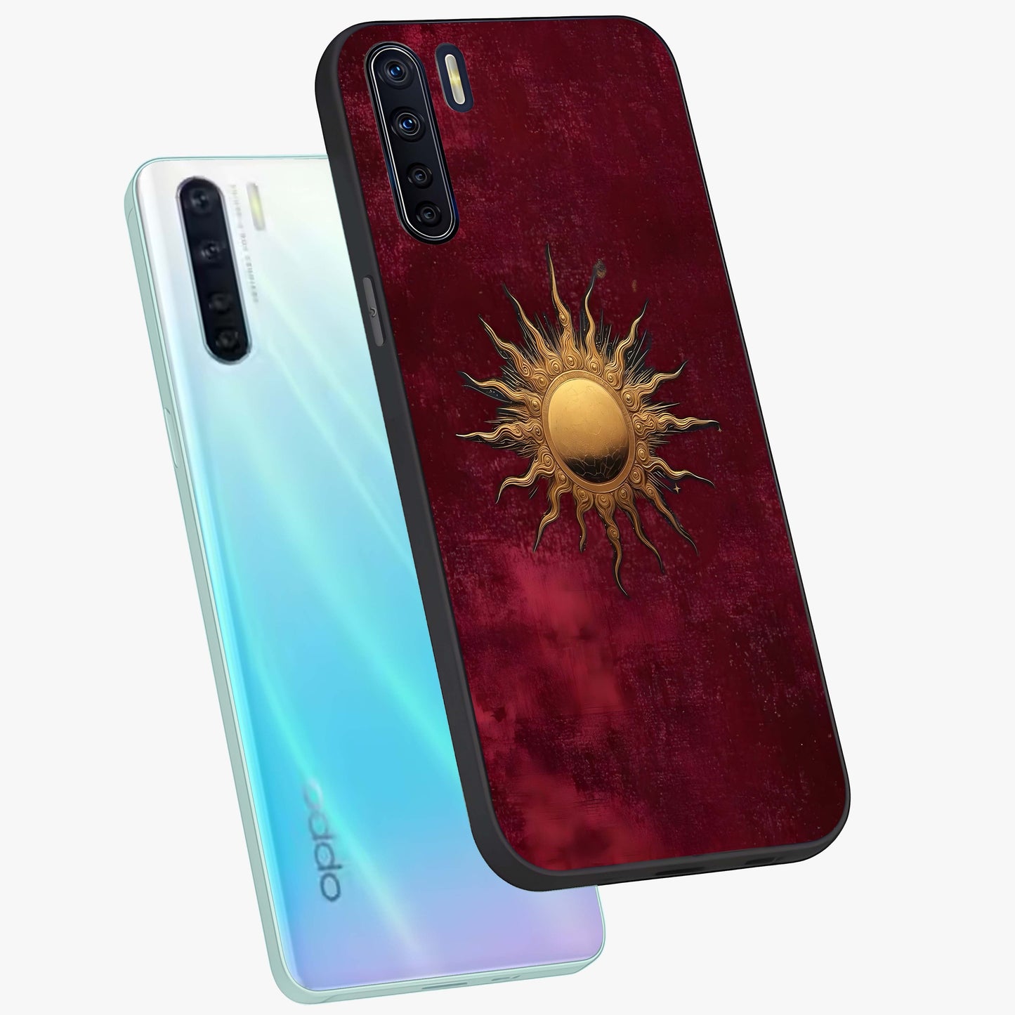 Golden Sun Minimalism Glass Case displayed in angled mockup highlighting clean sun symbol design with modern minimal aesthetic.
