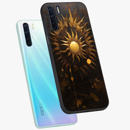 Golden Sun Majesty Glass Case displayed in angled mockup highlighting eerie shadow illustration with gothic aesthetic.