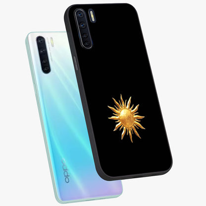 Golden Sun Minimalism Glass Case displayed in angled mockup highlighting eerie shadow illustration with gothic aesthetic.