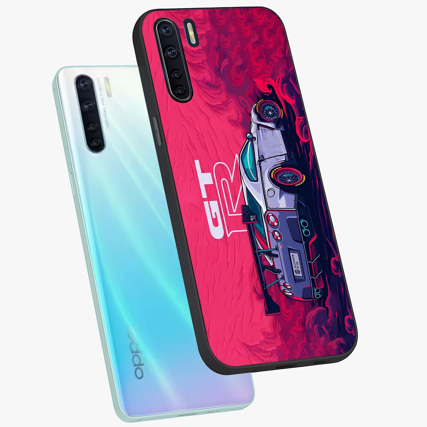 GT-R Car Pattern Glass Case displayed in angled mockup highlighting racing car graphic design with bold automotive aesthetic.