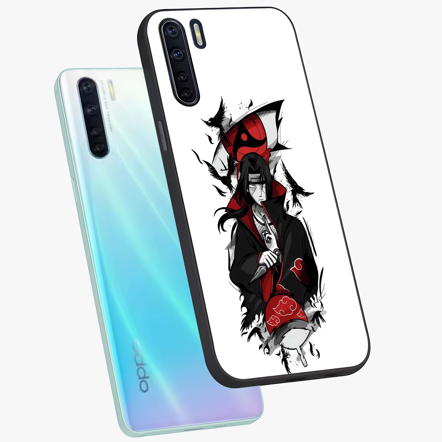 Itachi Limited Edition Naruto Anime Glass Case displayed in angled mockup highlighting dramatic anime illustration with bold action aesthetic.