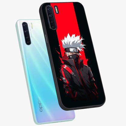 Kakashi Scarlet Shadow Glass Case displayed in angled mockup highlighting dramatic ninja illustration with scarlet themed aesthetic.