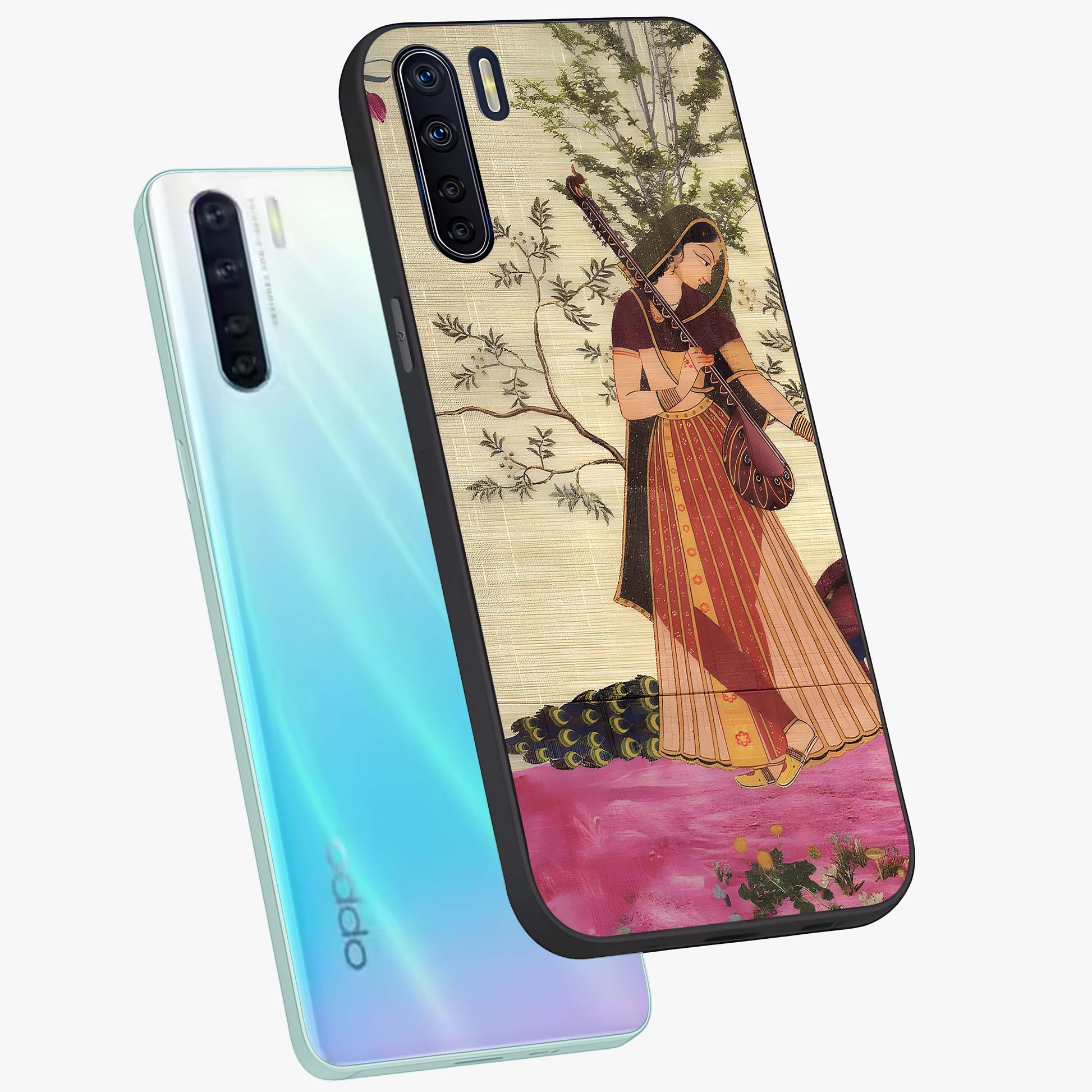 Lady With Veena Art Glass Case displayed in angled mockup highlighting graceful musical illustration with cultural artistic aesthetic.