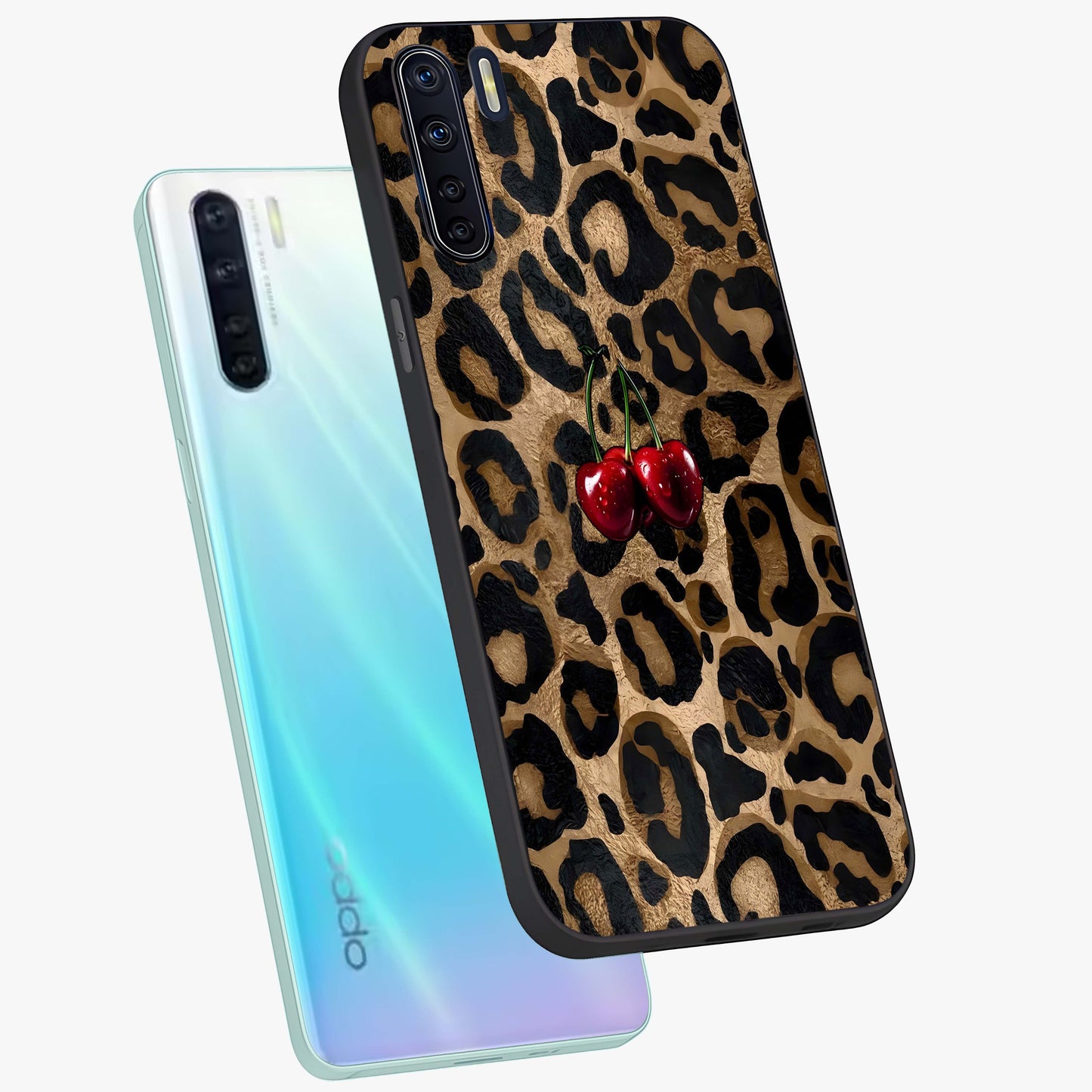 Leopard Wild Cherry Glass Case displayed in angled mockup highlighting bold animal print design with playful cherry aesthetic.