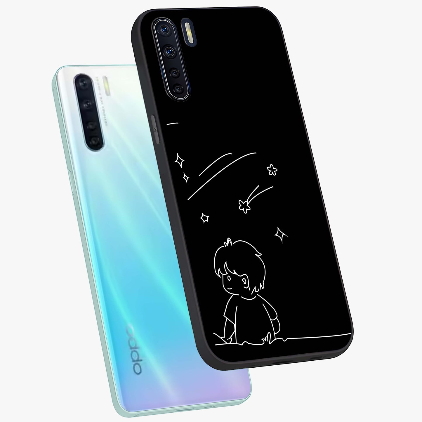 Line Art Boy With Shooting Stars Glass Case displayed in angled mockup highlighting elegant line art design with dreamy star aesthetic.