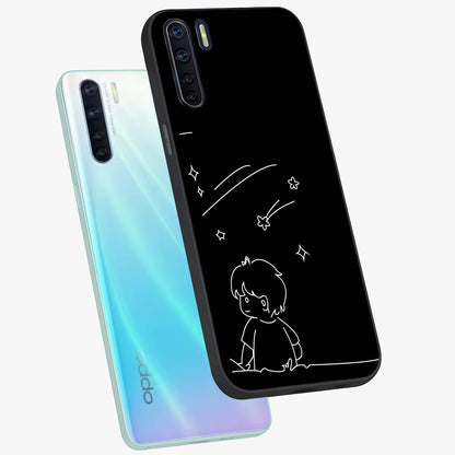 Line Art Boy With Shooting Stars Glass Case displayed in angled mockup highlighting elegant line art design with dreamy star aesthetic.