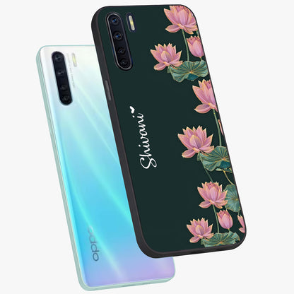 Lotus Bloom Serenity Custom Name Glass Case displayed in angled mockup highlighting graceful lotus illustration with custom name feature.