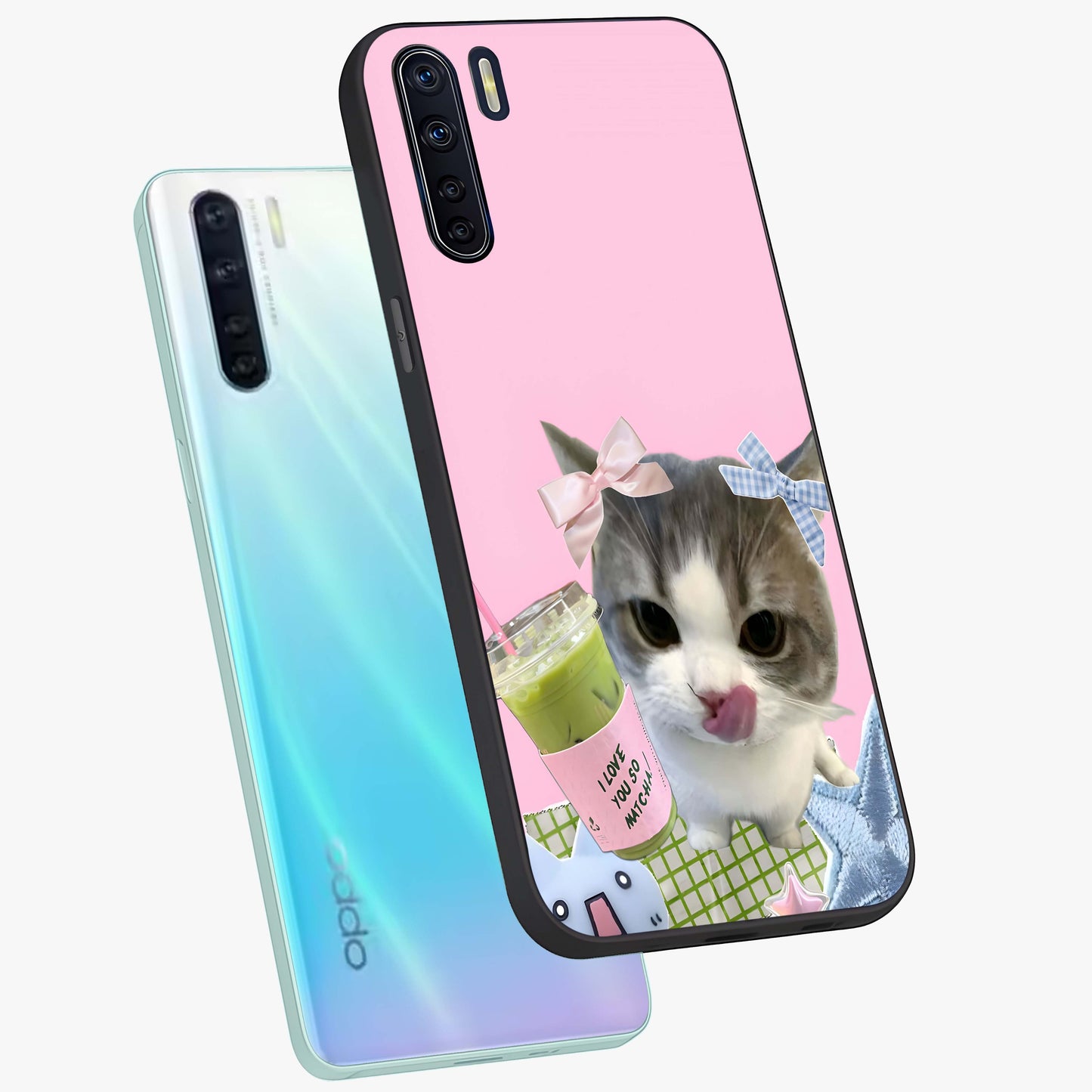 Love Matcha Cat Glass Case displayed in angled mockup highlighting playful feline illustration with cozy matcha aesthetic.