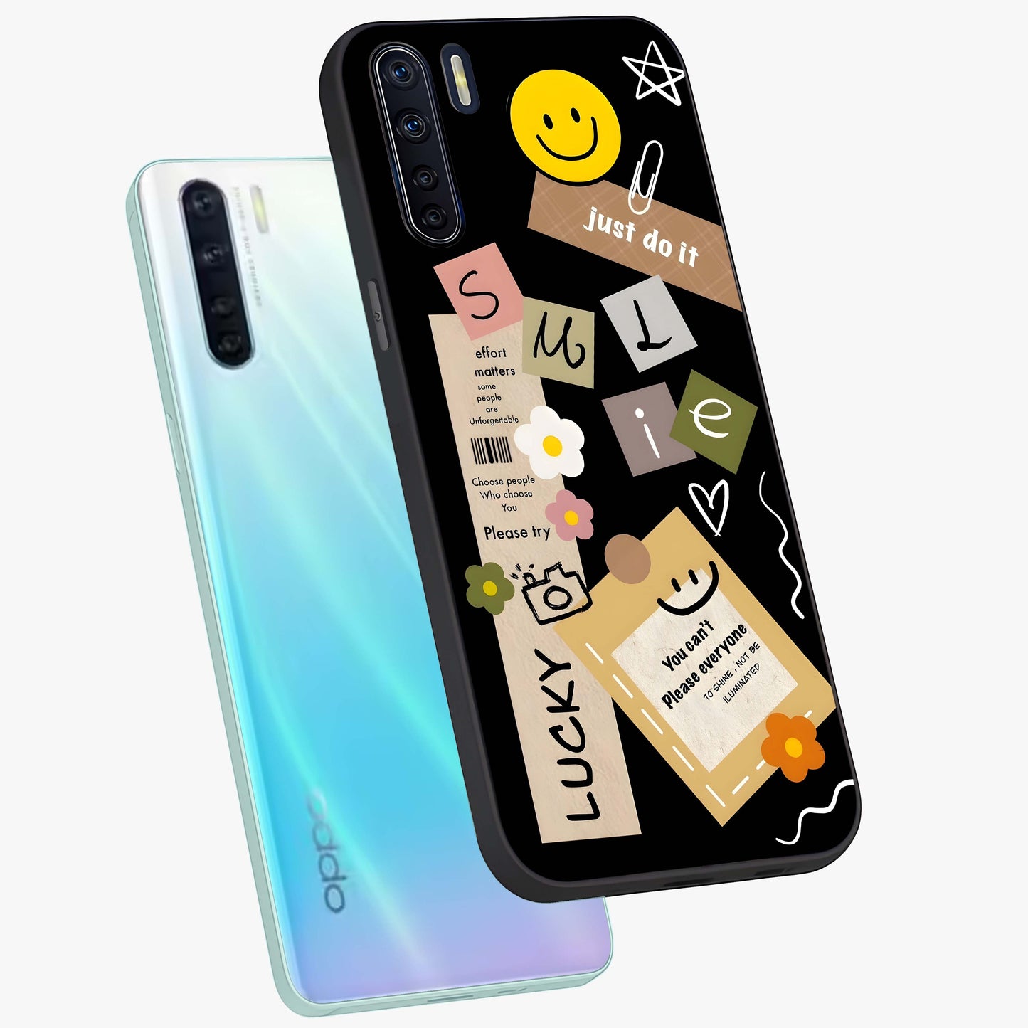 Lucky Aesthetic Collage Glass Case displayed in angled mockup highlighting stylish collage pattern with modern aesthetic vibe.