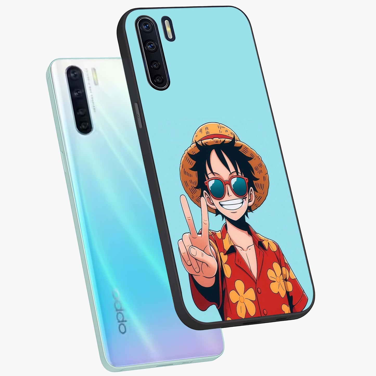 Luffy Summer Anime Vibe Glass Case displayed in angled mockup highlighting energetic anime illustration with summer vibe aesthetic.