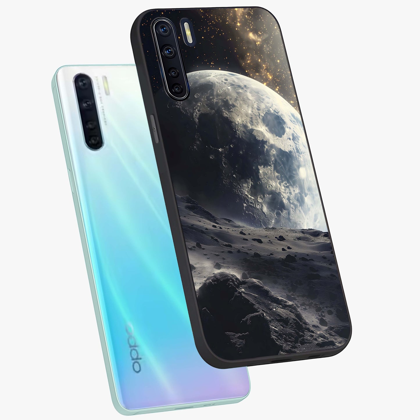 Lunar Horizon Glow Glass Case displayed in angled mockup highlighting celestial moon design with dreamy night aesthetic.