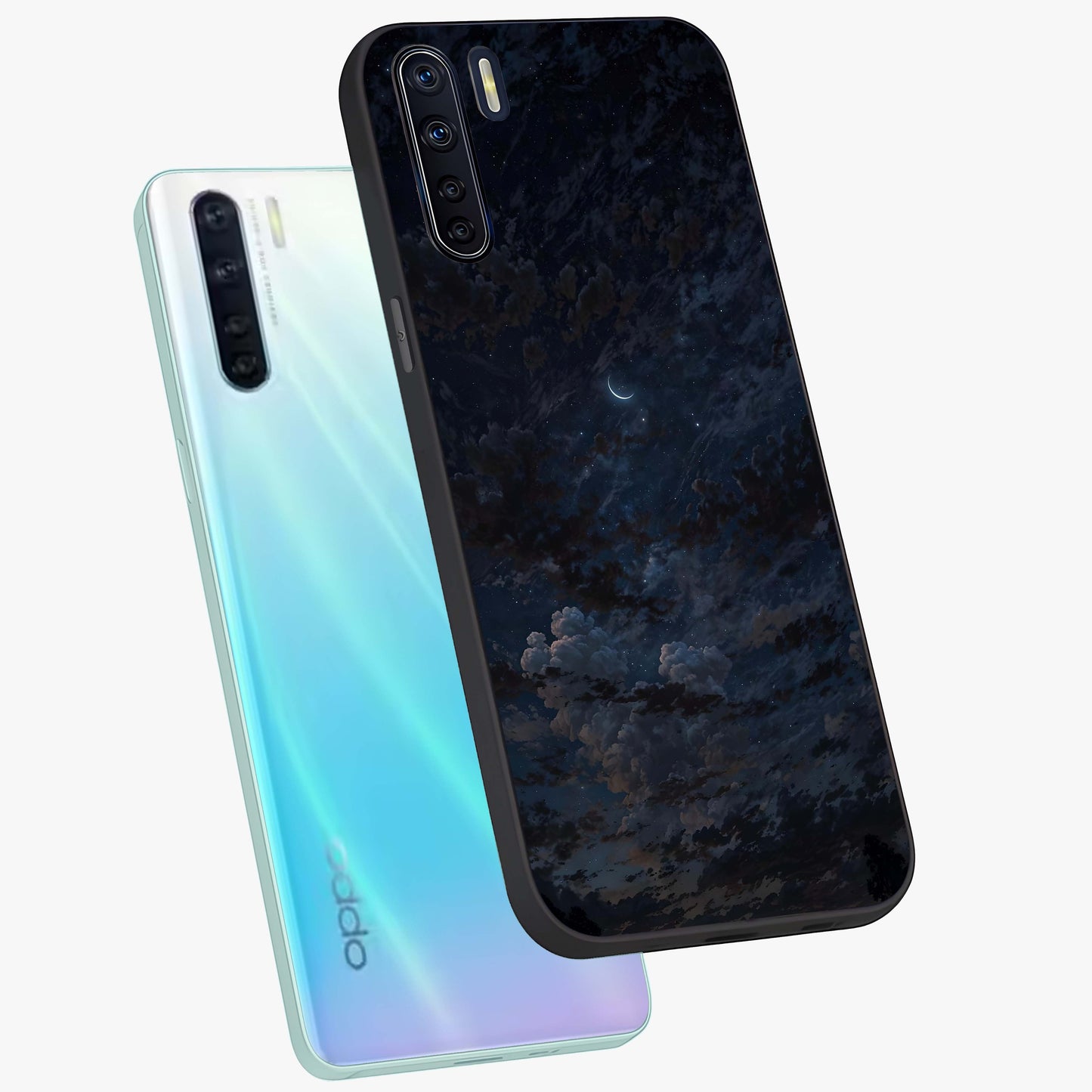 Lunar Veil Silence Glass Case displayed in angled mockup highlighting soft lunar design with peaceful celestial aesthetic.