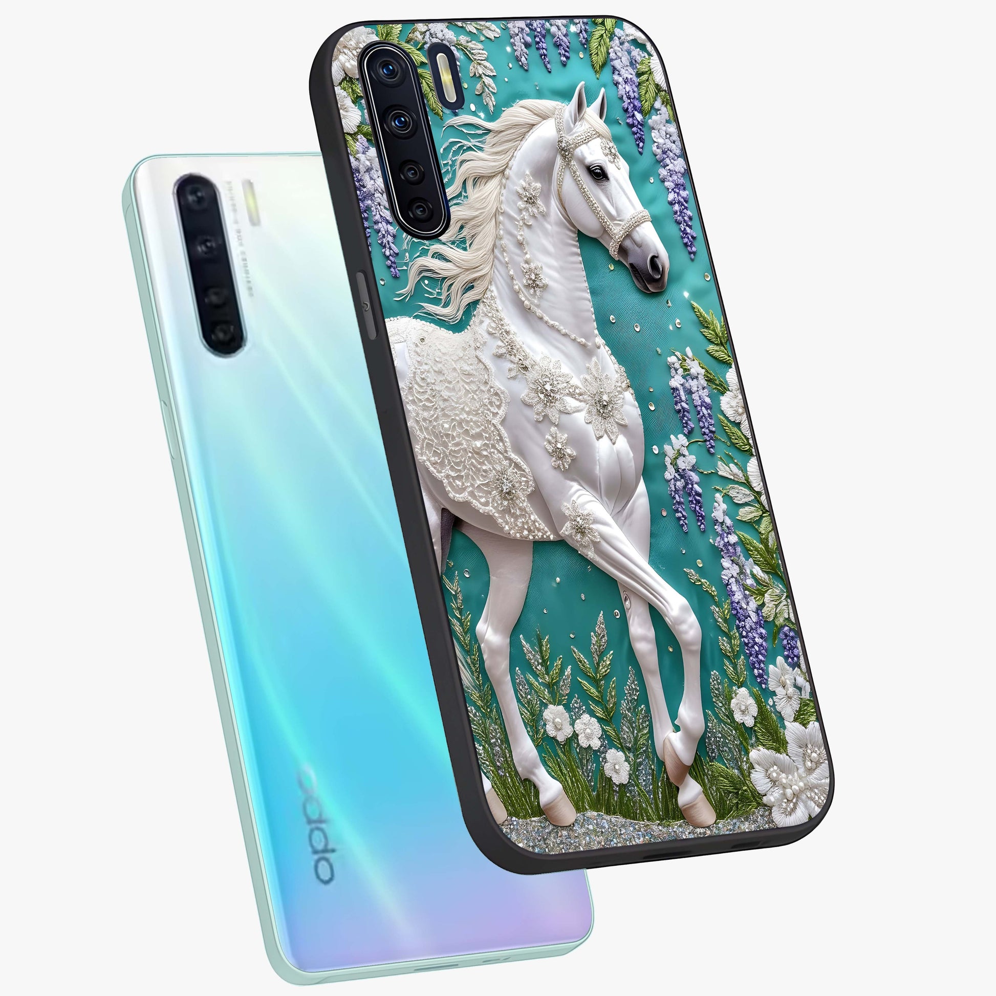 Majestic Floral Stallion Glass Case displayed in angled mockup highlighting majestic stallion illustration with elegant floral aesthetic.
