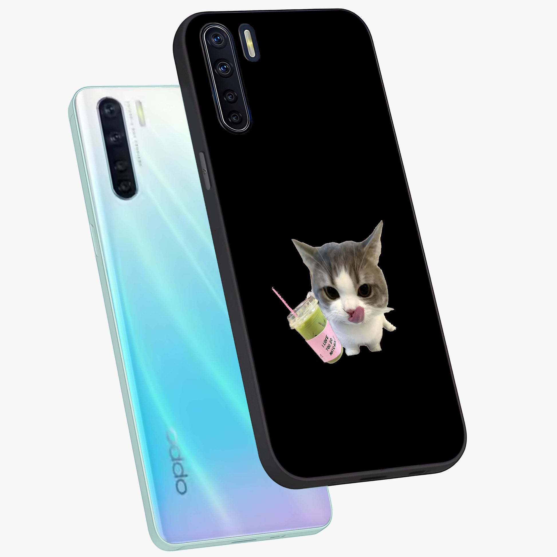 Matcha Cat Style Glass Case displayed in angled mockup highlighting playful feline design with pastel matcha aesthetic.