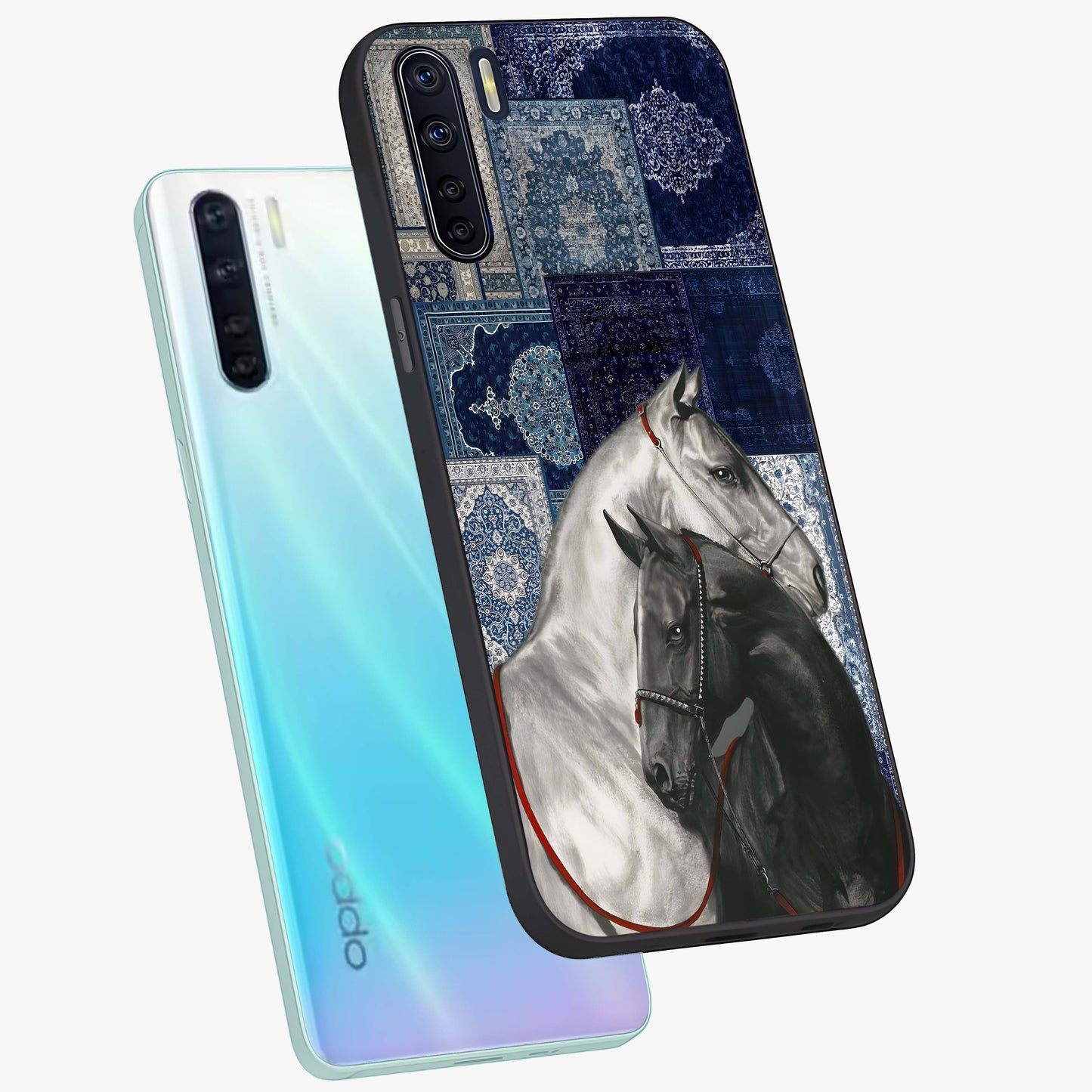 Midnight Stallion Blues Glass Case displayed in angled mockup highlighting powerful stallion illustration with deep midnight tones.