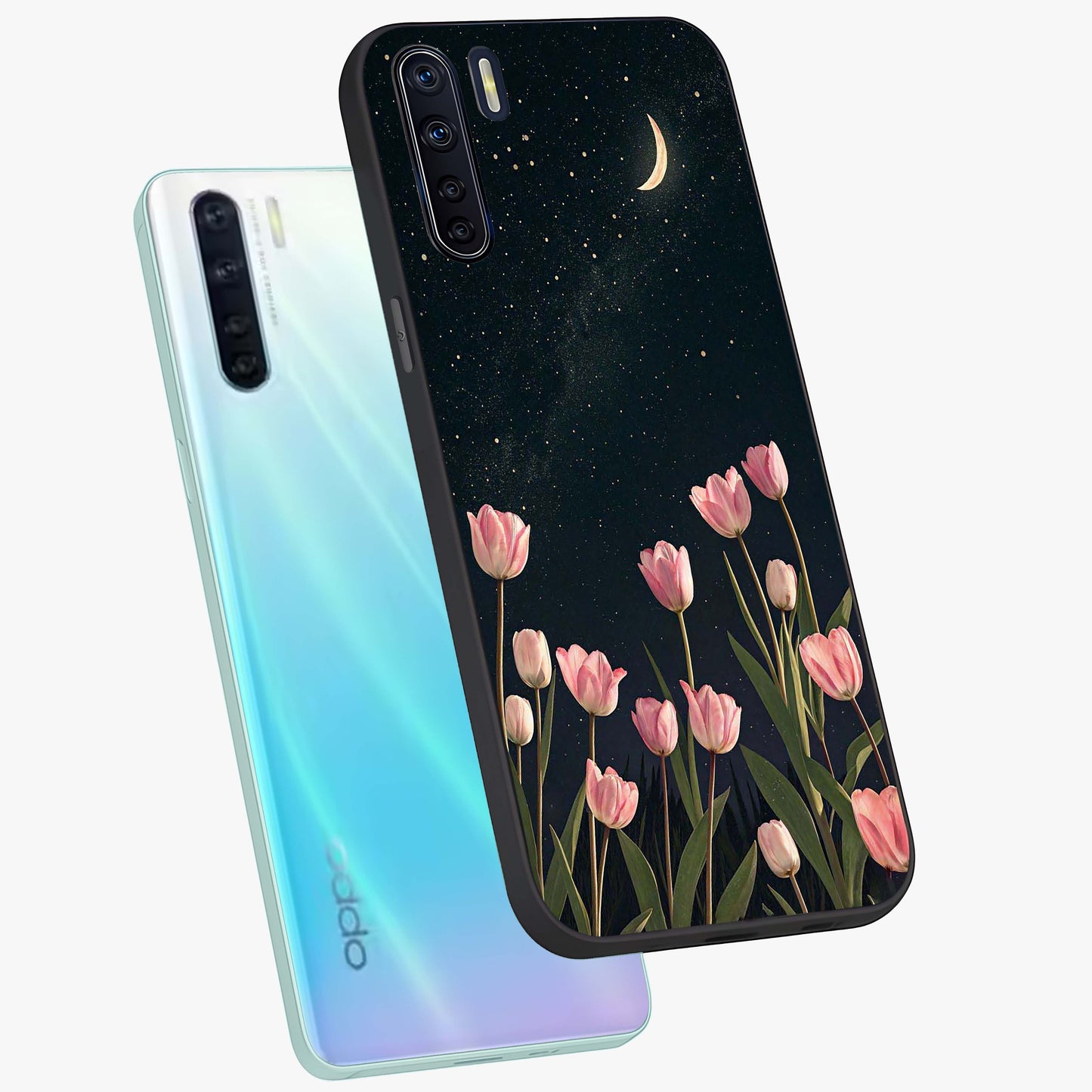 Midnight Tulip Whispers Vibe Glass Case displayed in angled mockup highlighting delicate tulip design with midnight floral aesthetic.