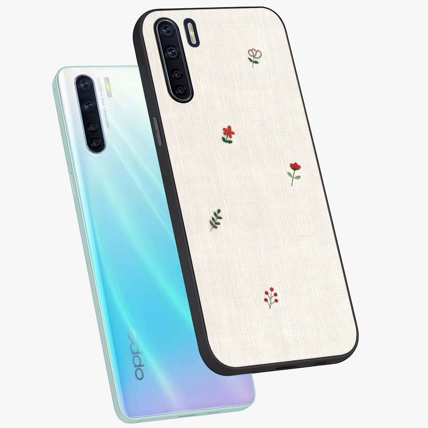 Minimalistic Blue With White Flower Pattern Glass Case displayed in angled mockup highlighting simple floral design with minimal aesthetic.
