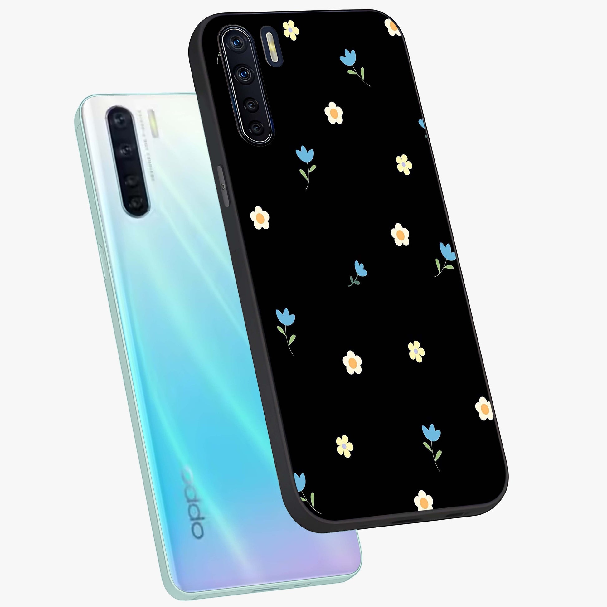Minimal Petal Whispers Glass Case displayed in angled mockup highlighting delicate petal design with clean minimal aesthetic.