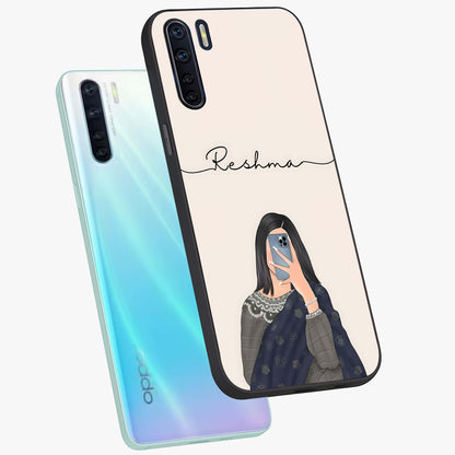 Mirror Mood Muse With Custom Name Glass Case displayed in angled mockup highlighting aesthetic mirror inspired design with custom name feature.