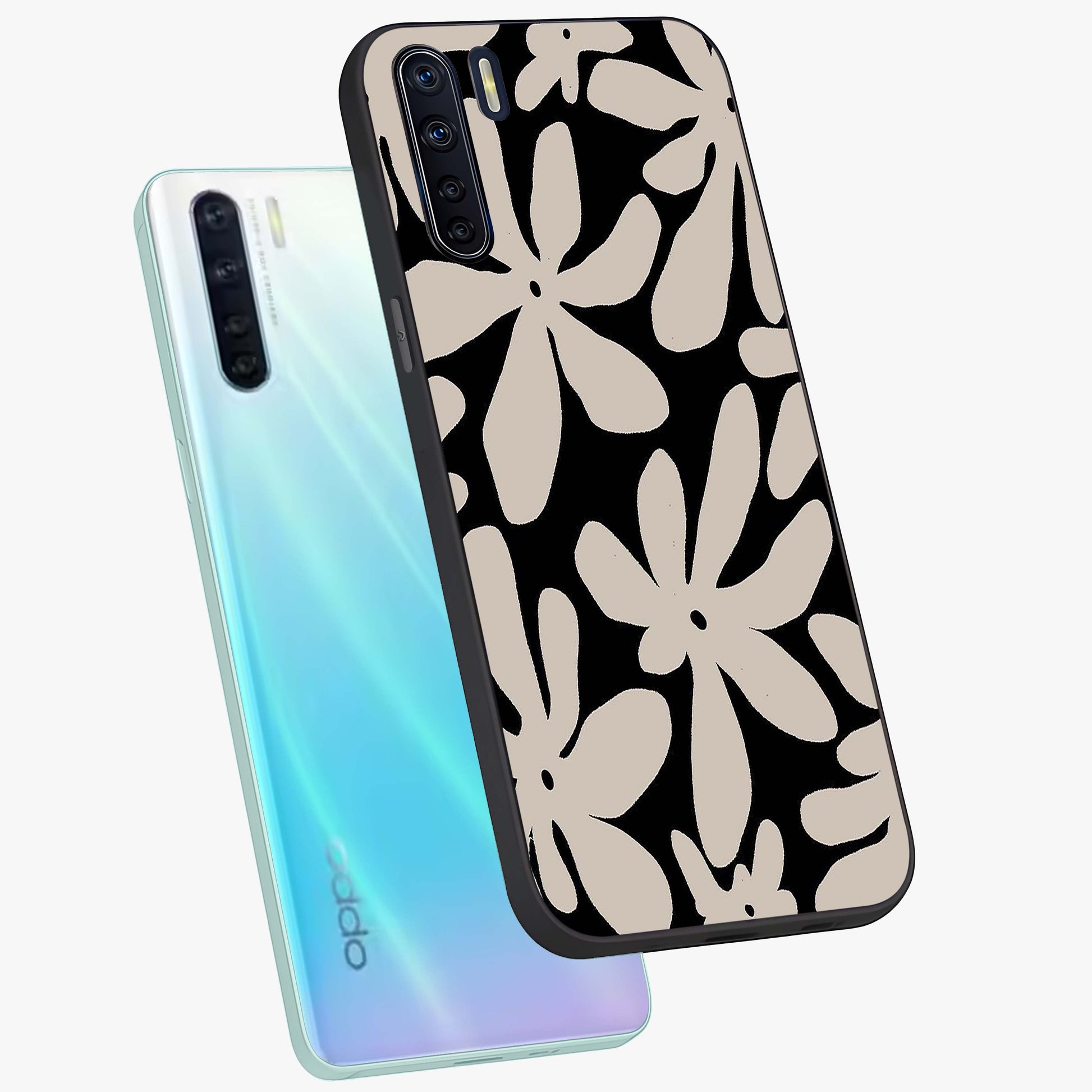 Monochrome Petal Dance Glass Case displayed in angled mockup highlighting elegant petal design with black and white aesthetic.