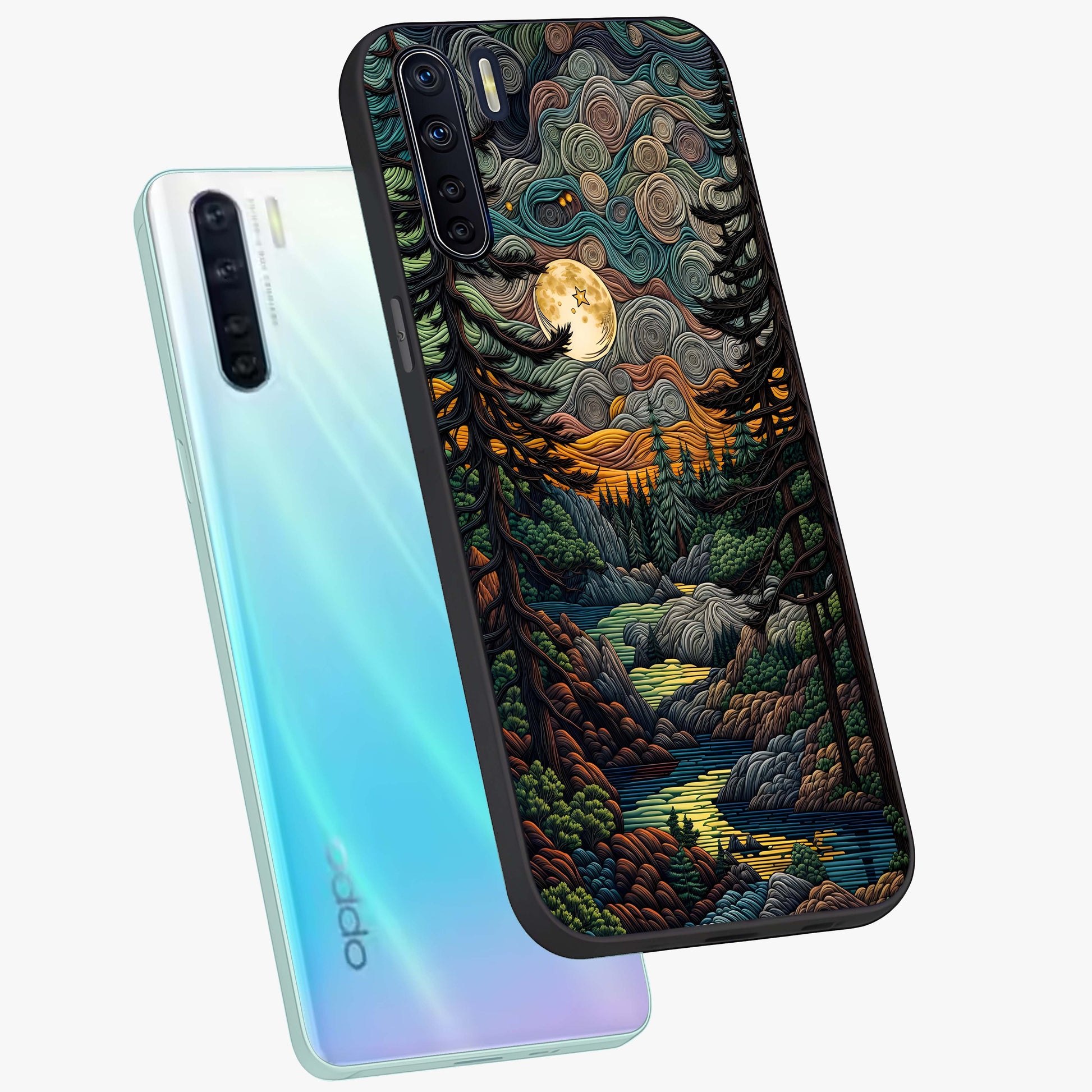 Moonlight Forest Dream Glass Case displayed in angled mockup highlighting dreamy forest design with glowing moon aesthetic.