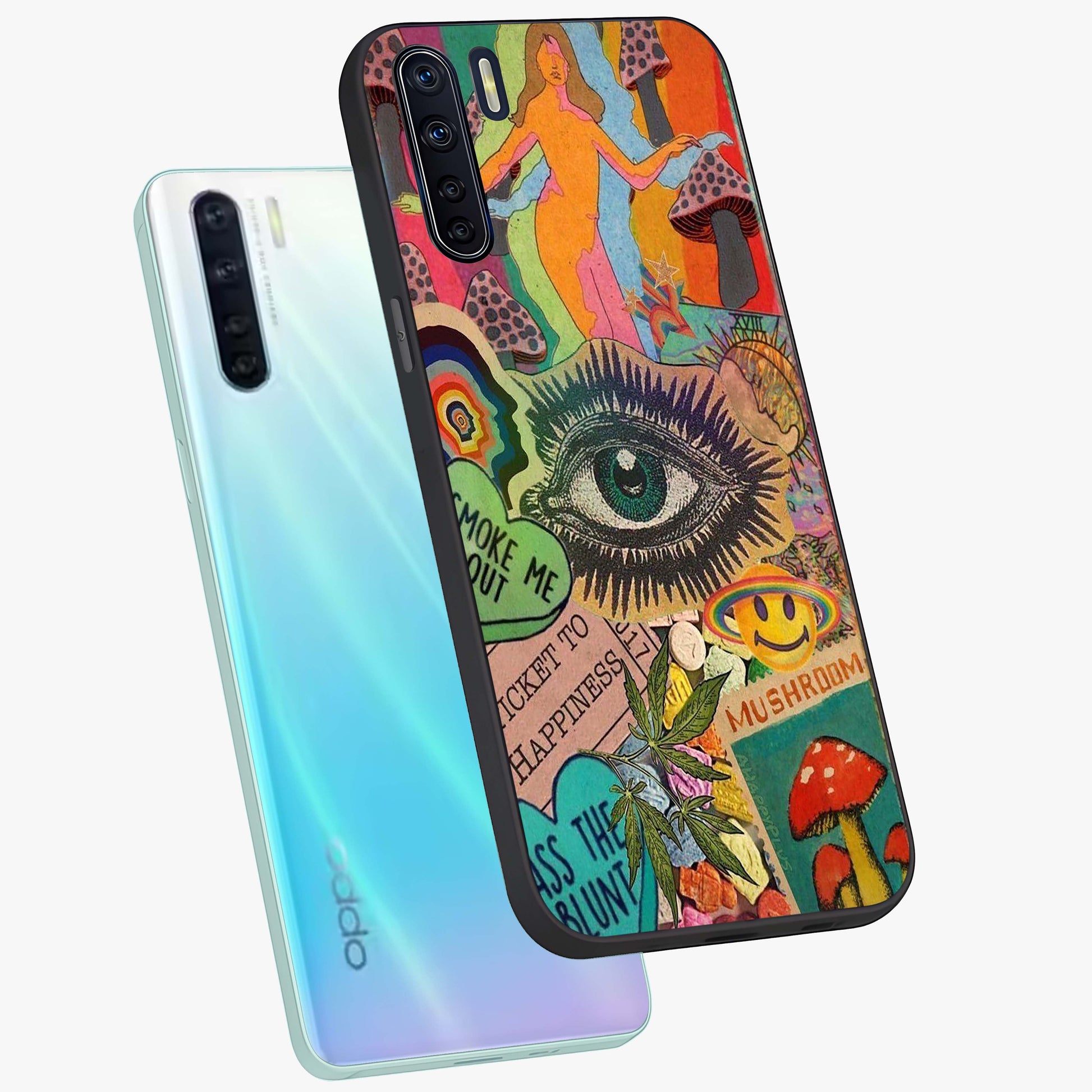 Mystic Eye Wonderland Glass Case displayed in angled mockup highlighting magical eye illustration with dreamy aesthetic.